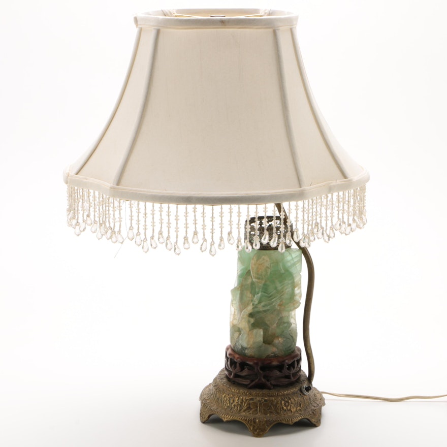 Carved Bowenite and Metal Table Lamp