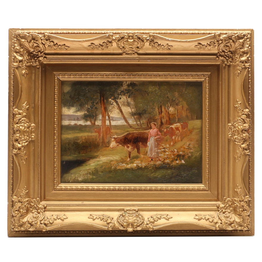 French School Pastoral Oil Painting of Woman with Cattle, Late 19th Century