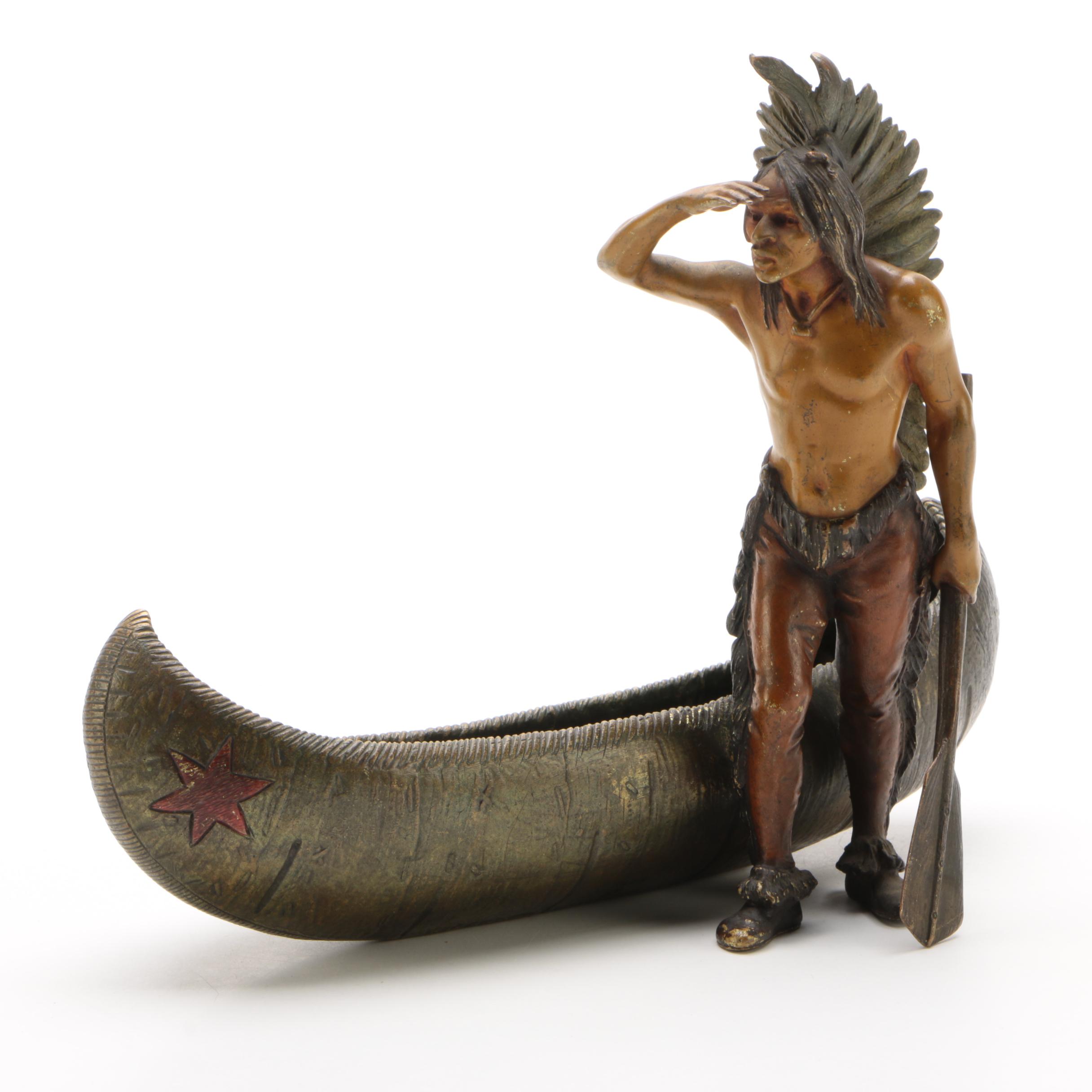 Franz Bergmann Foundry Bronze After Carl Kauba "Indian Scout with Canoe"