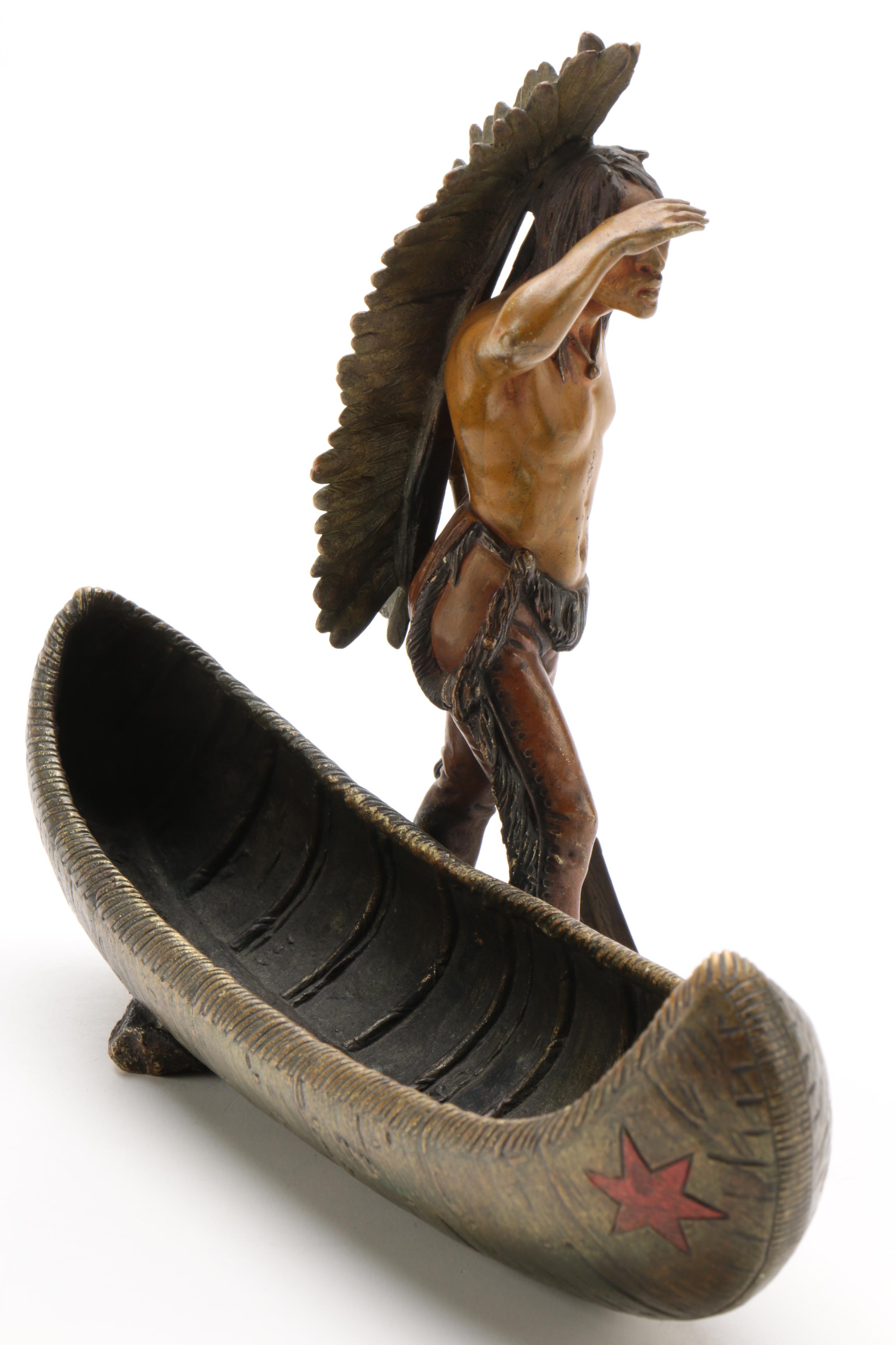 Franz Bergmann Foundry Bronze After Carl Kauba "Indian Scout with Canoe"