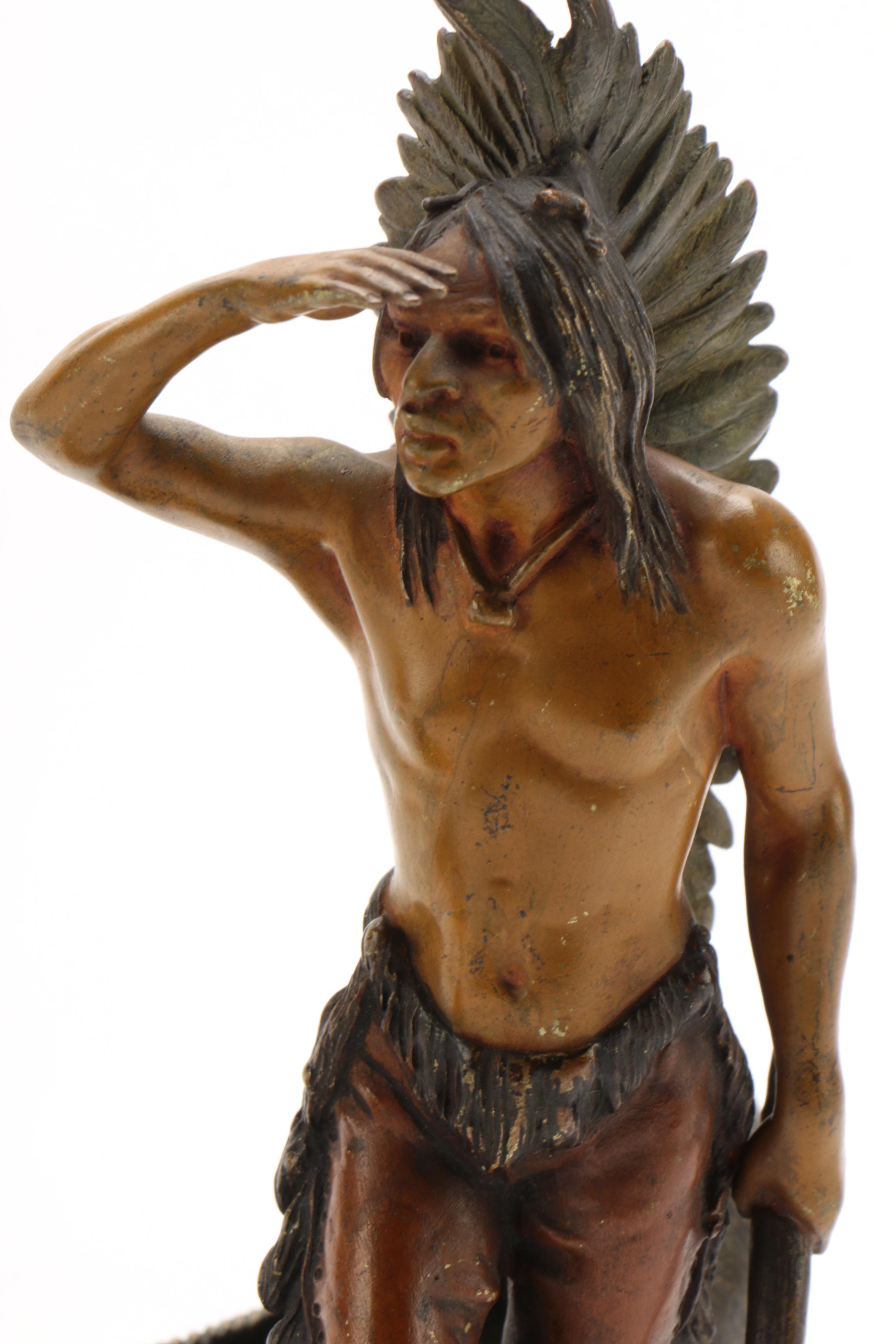 Franz Bergmann Foundry Bronze After Carl Kauba "Indian Scout with Canoe"