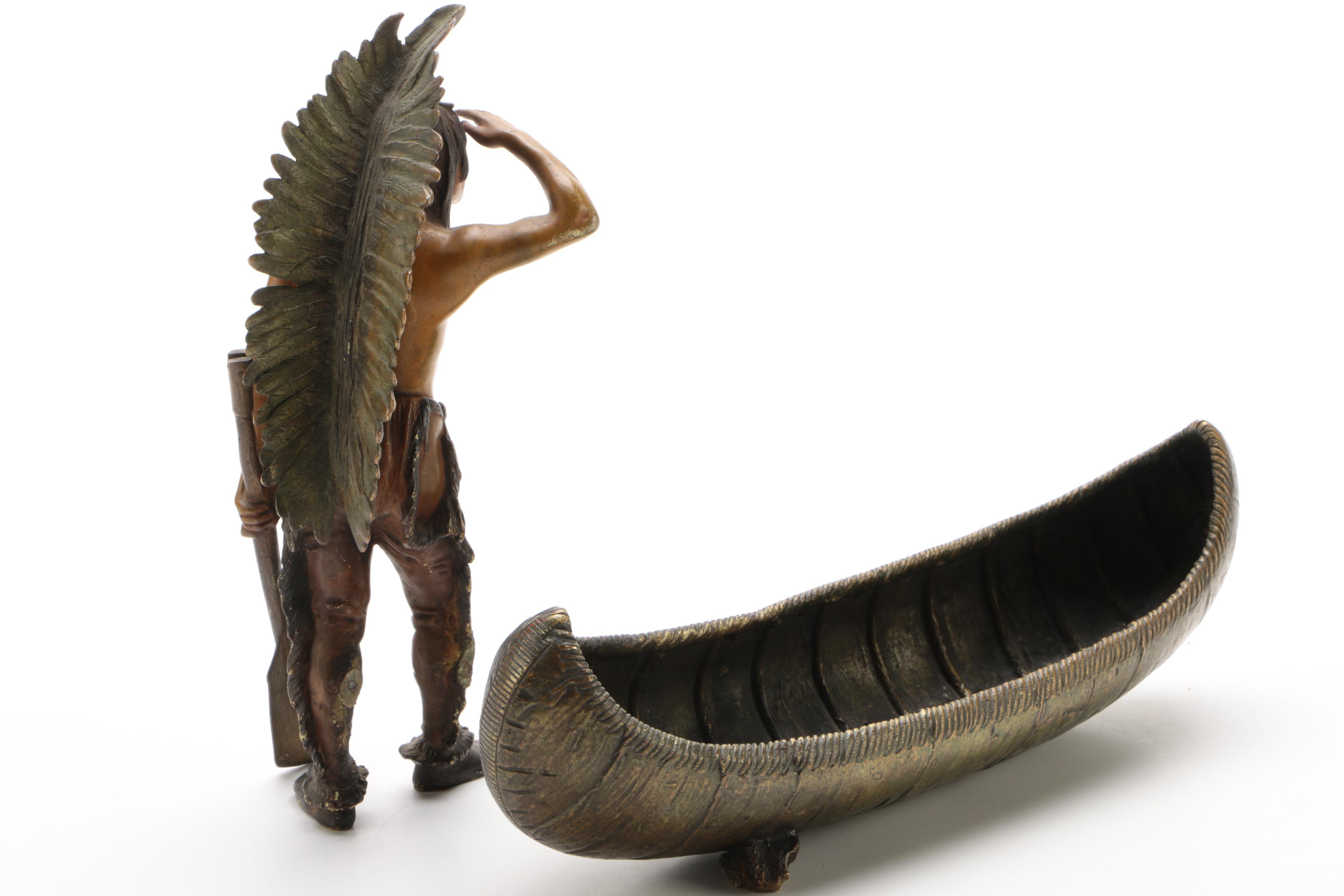 Franz Bergmann Foundry Bronze After Carl Kauba "Indian Scout with Canoe"