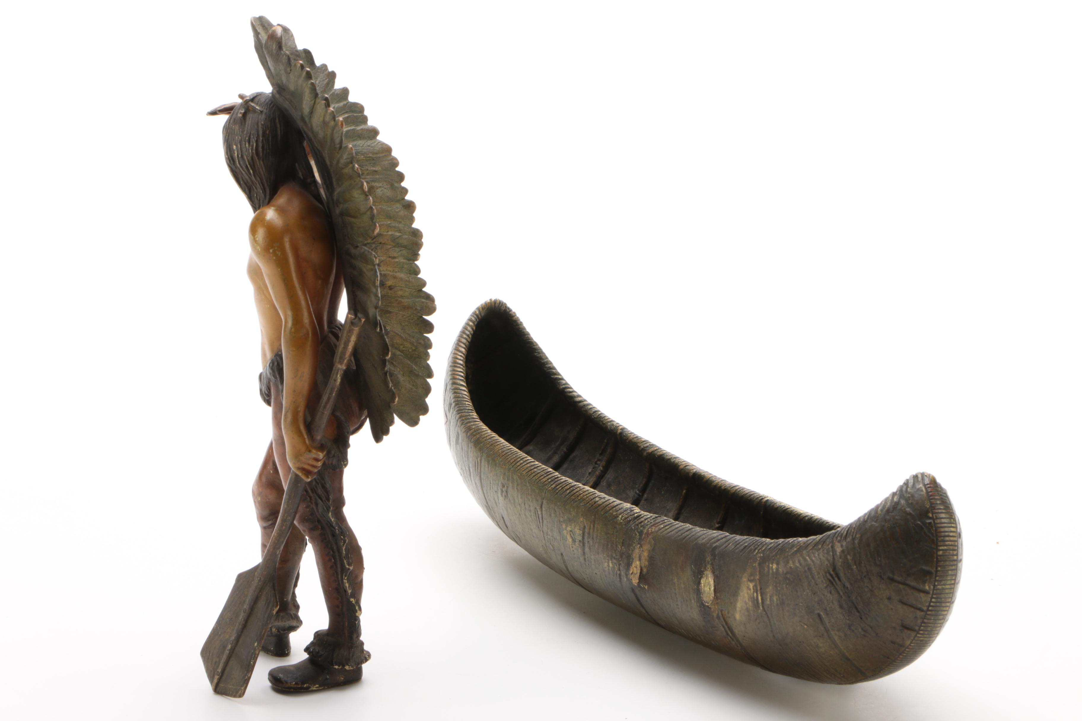 Franz Bergmann Foundry Bronze After Carl Kauba "Indian Scout with Canoe"