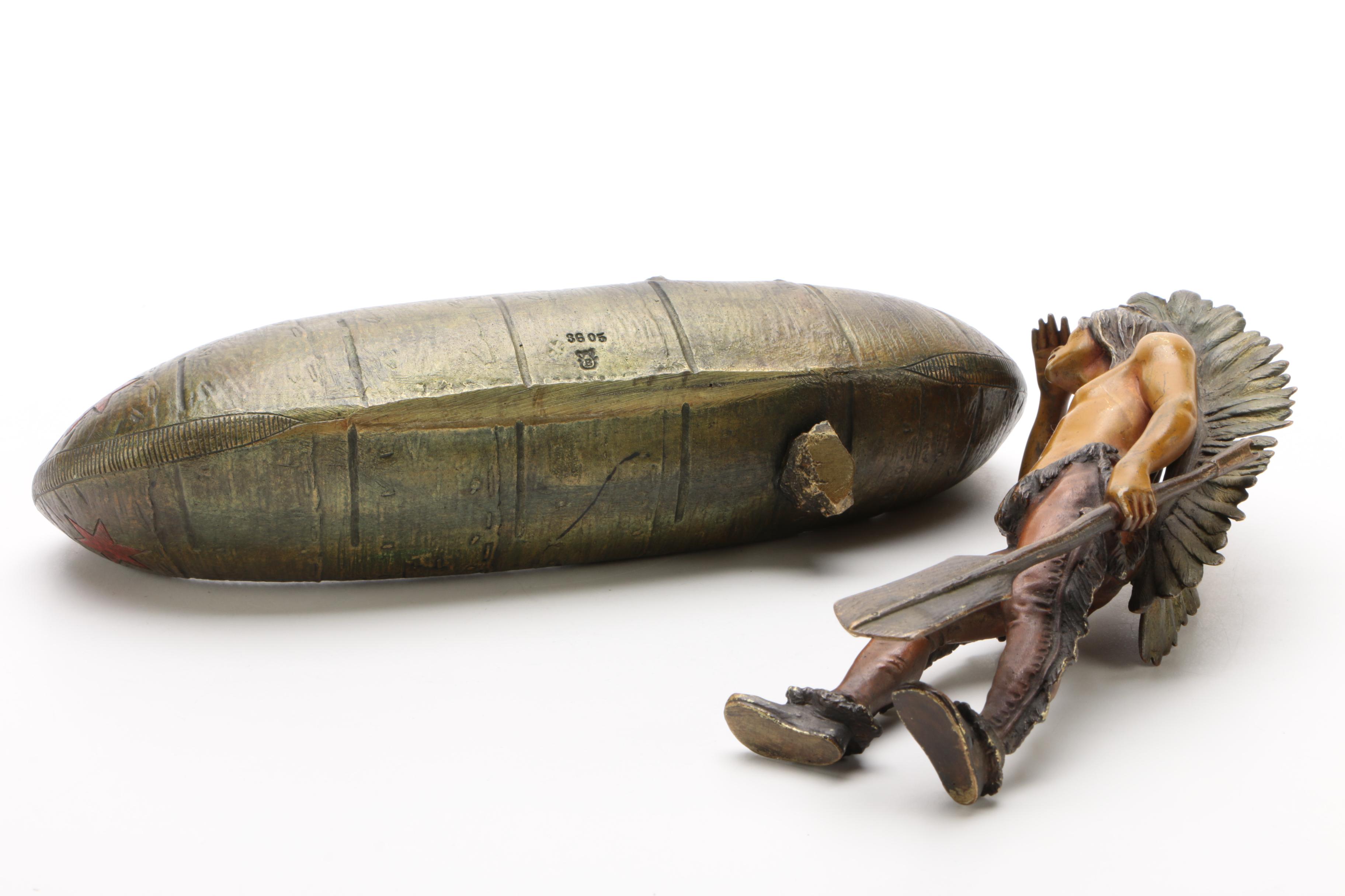 Franz Bergmann Foundry Bronze After Carl Kauba "Indian Scout with Canoe"
