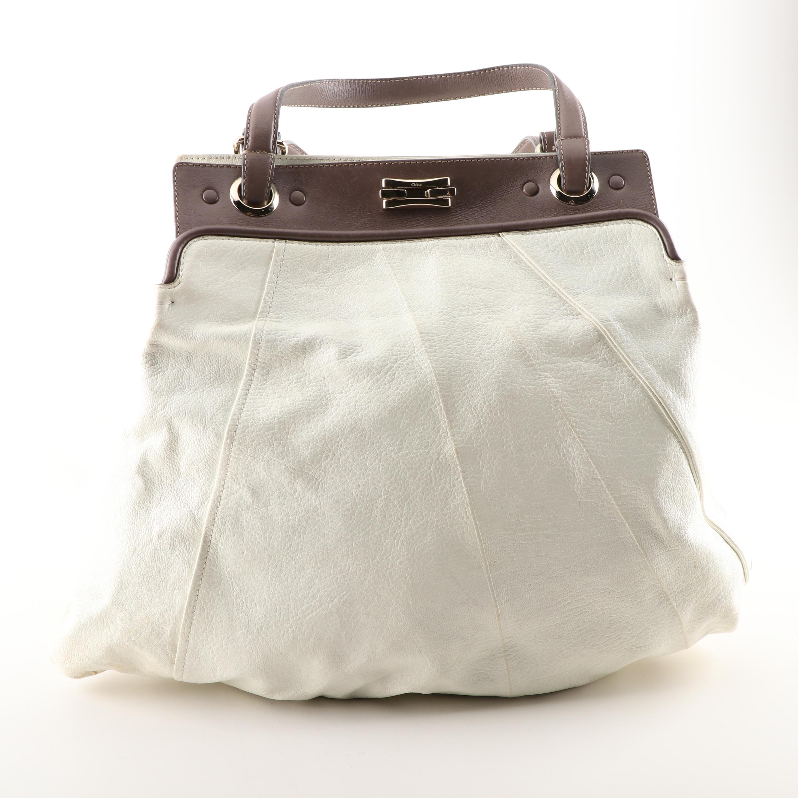 Chloé White Grained Leather and Brown Leather Tote Bag