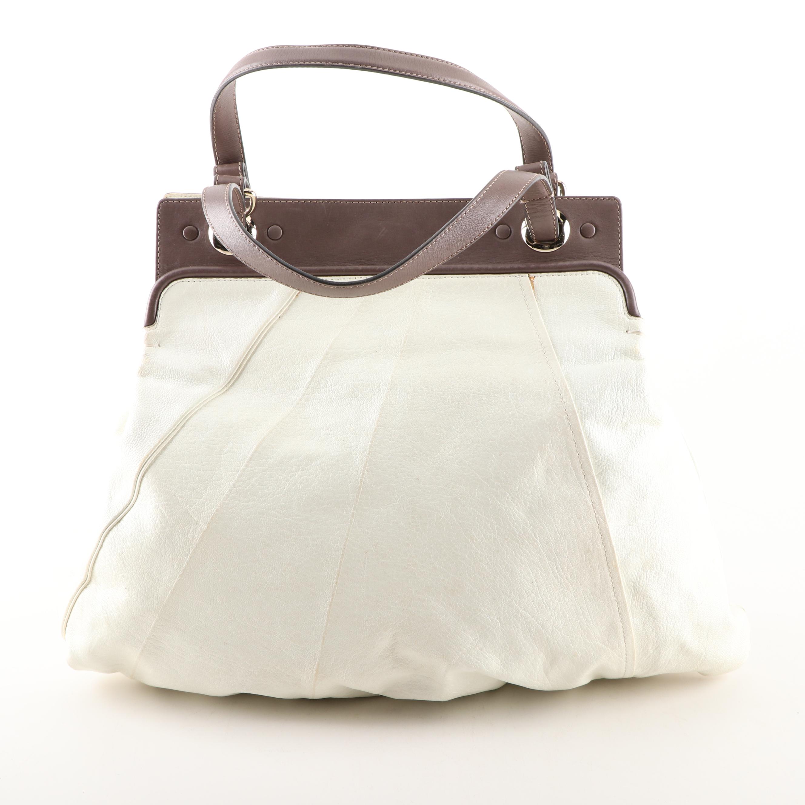 Chloé White Grained Leather and Brown Leather Tote Bag