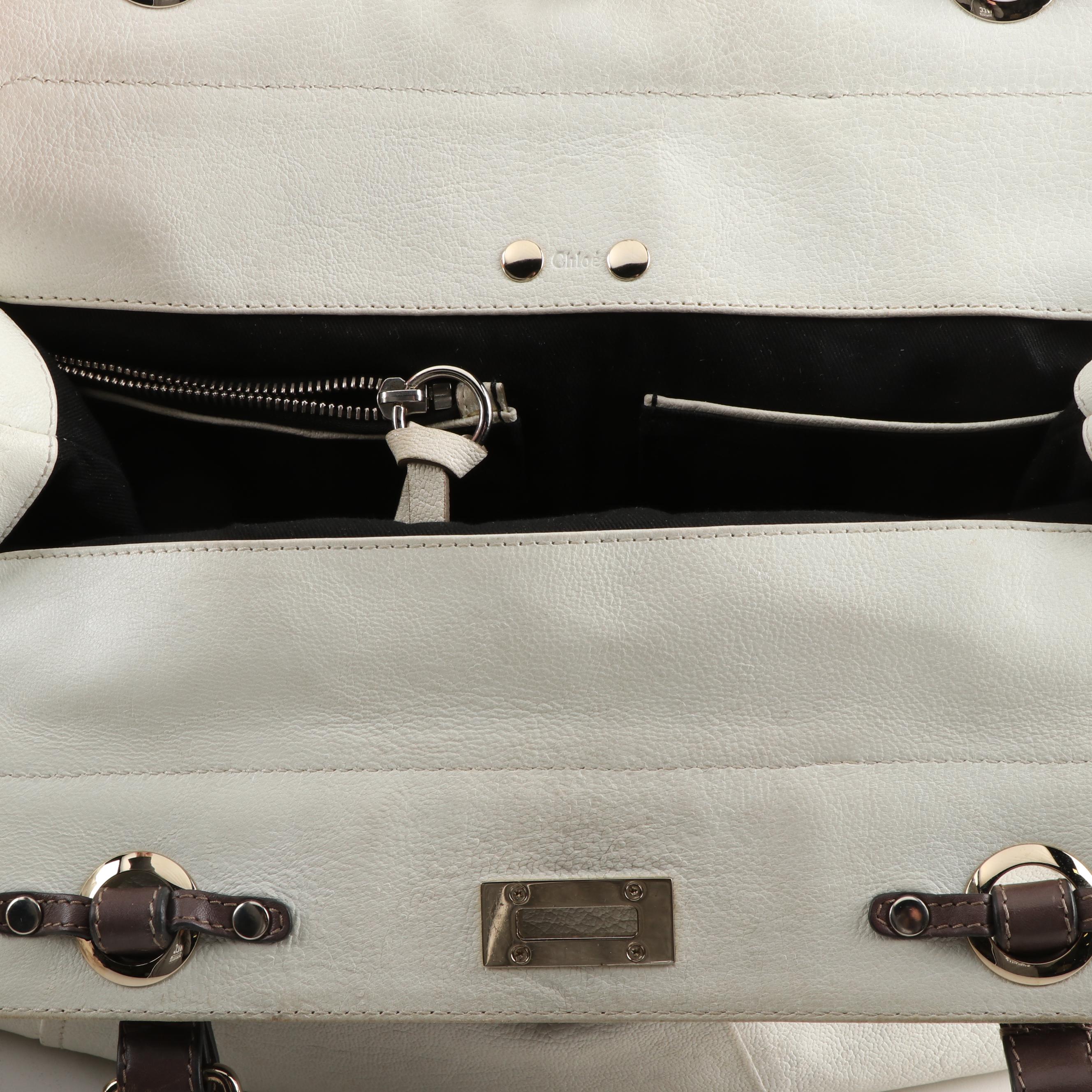 Chloé White Grained Leather and Brown Leather Tote Bag