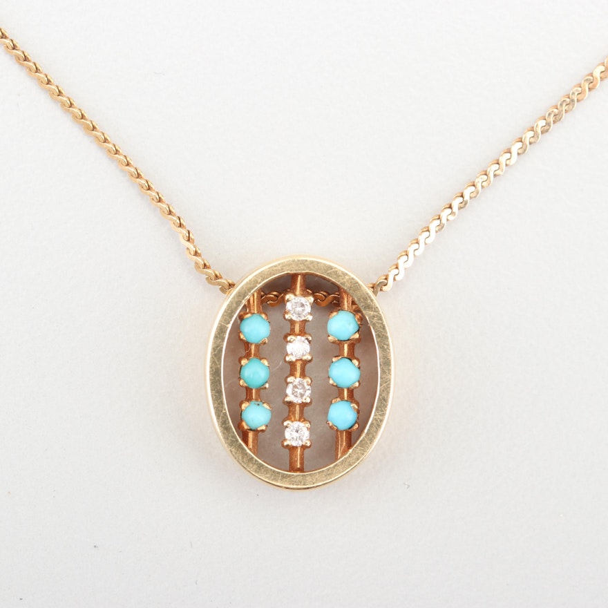 14K Yellow Gold Diamond and Turquoise Pendant Necklace