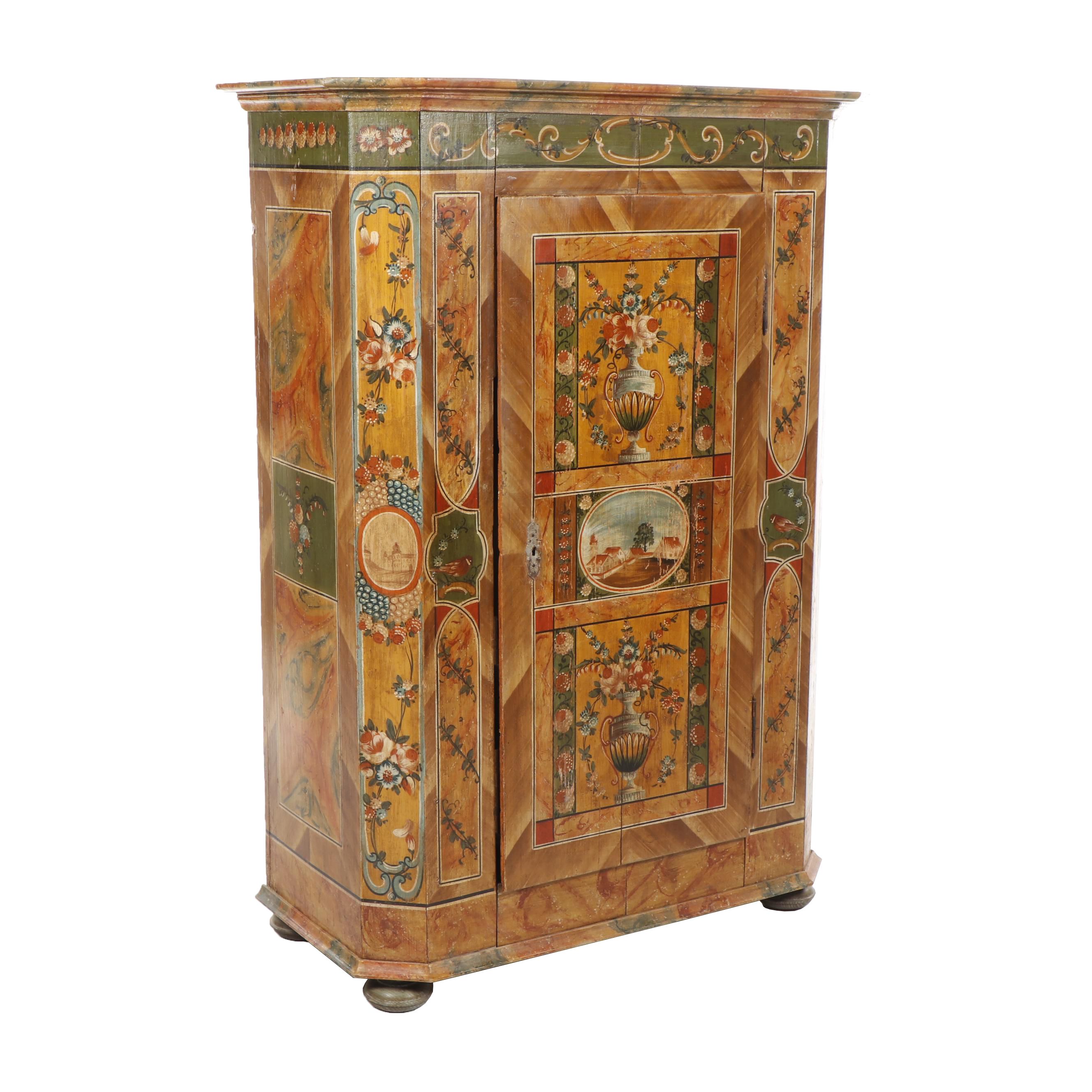 Scandinavian Ornate Hand-Painted Pine Armoire, 1860-1870s
