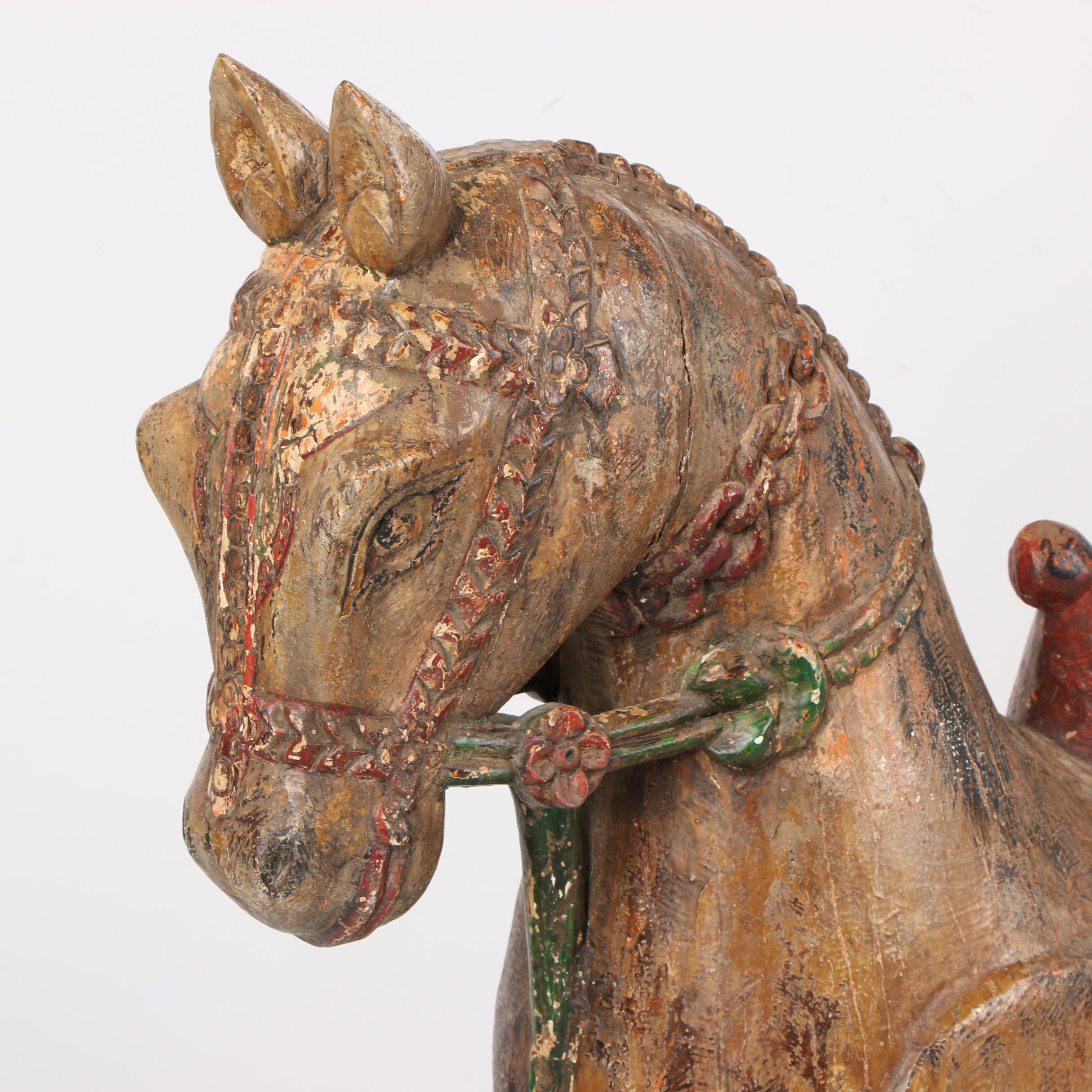 Wooden Horse Statue on Wheeled Base