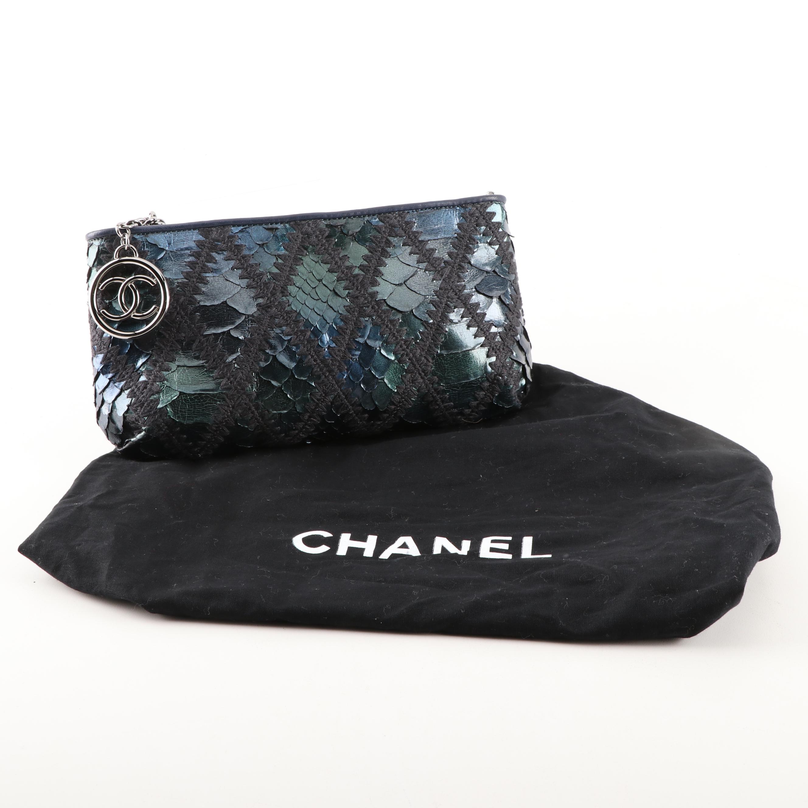 Chanel Iridescent Blue Python Skin, Crochet and Leather Clutch Purse