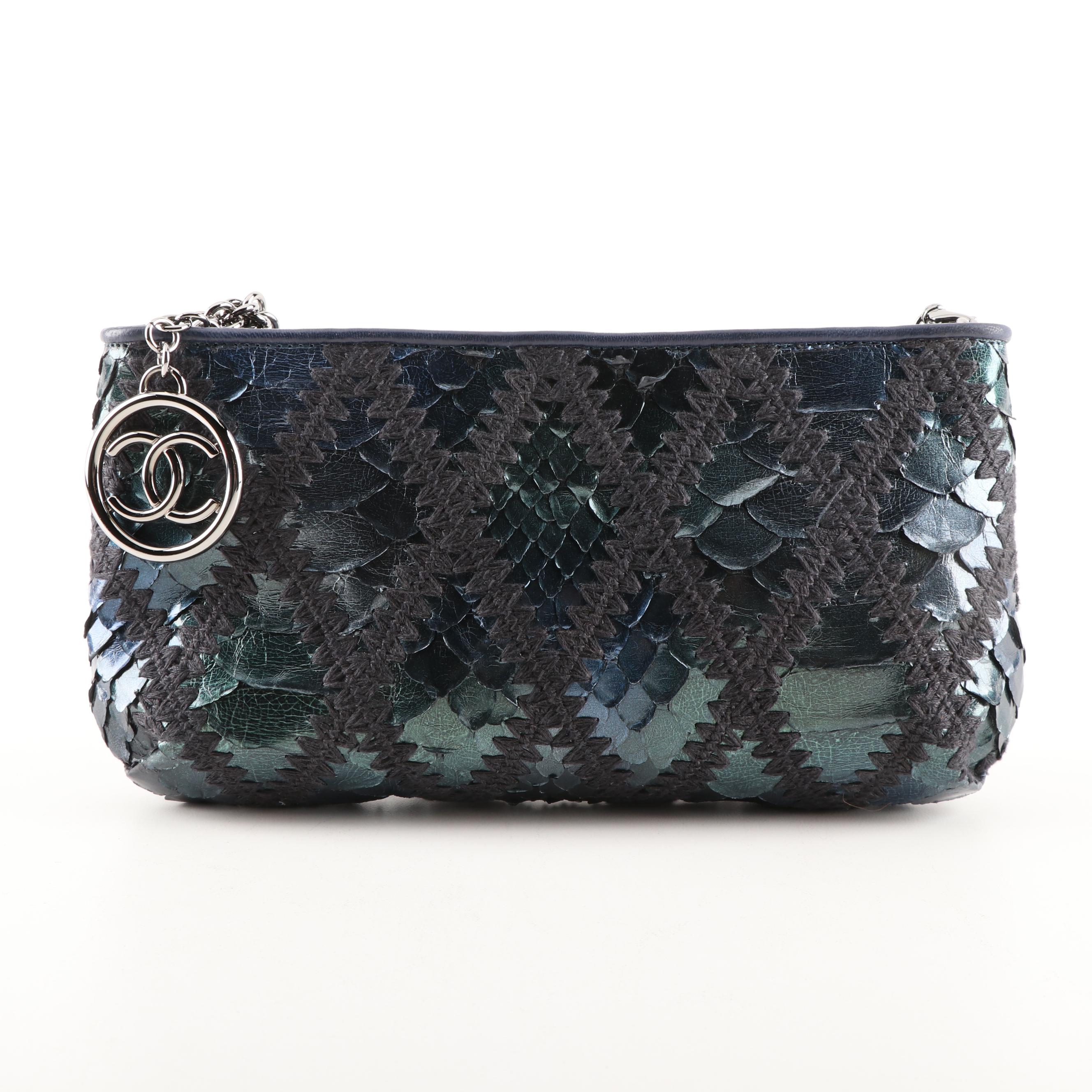 Chanel Iridescent Blue Python Skin, Crochet and Leather Clutch Purse