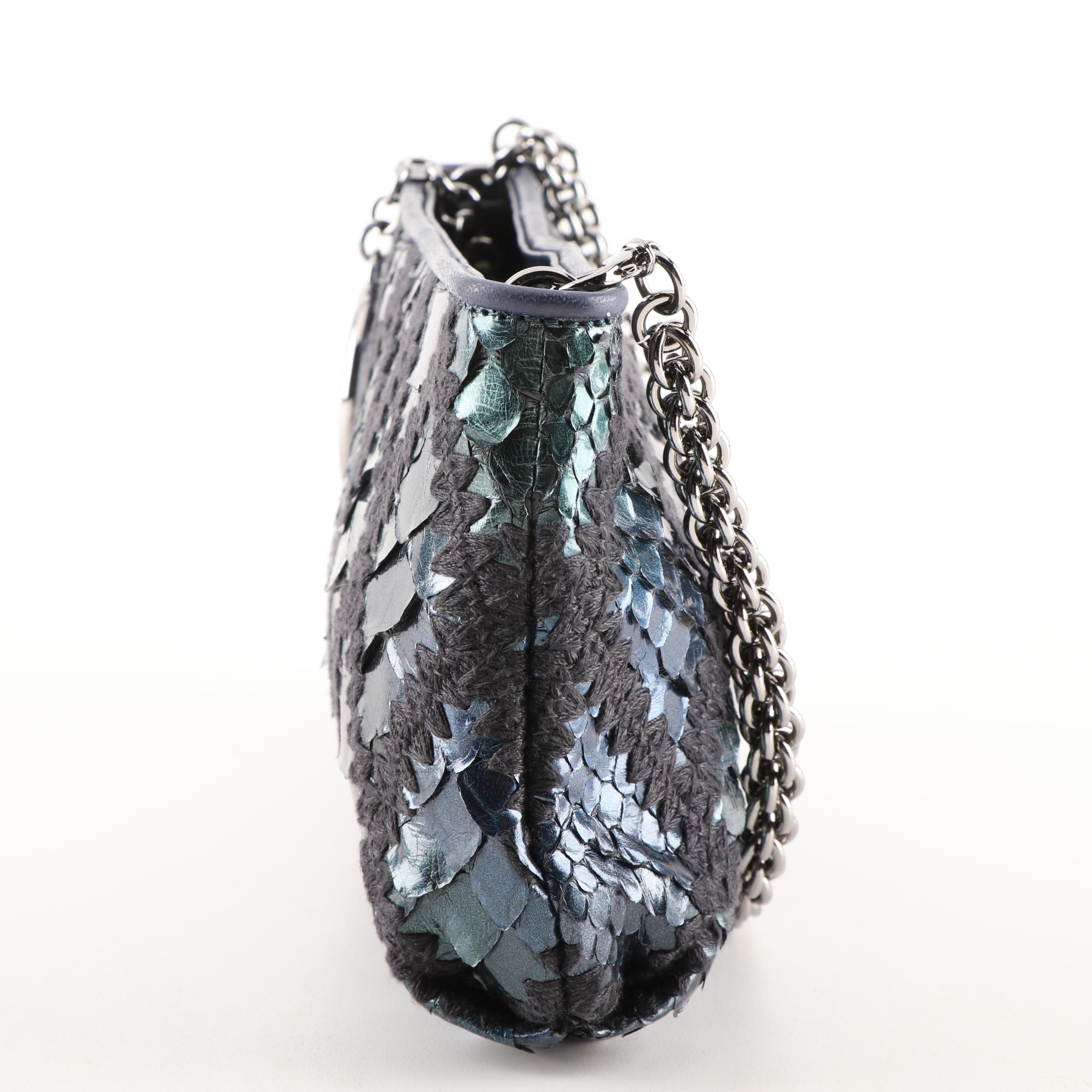 Chanel Iridescent Blue Python Skin, Crochet and Leather Clutch Purse