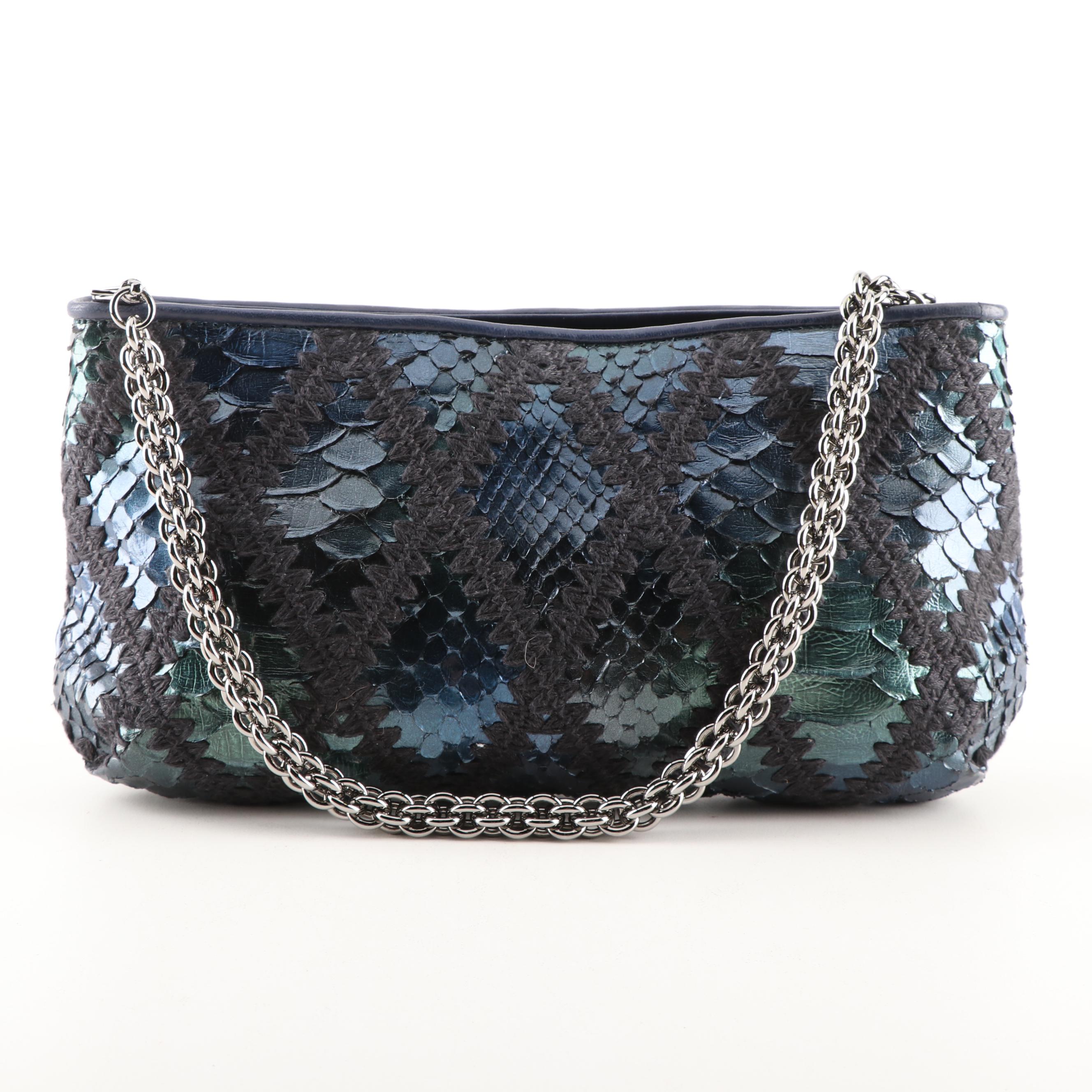 Chanel Iridescent Blue Python Skin, Crochet and Leather Clutch Purse