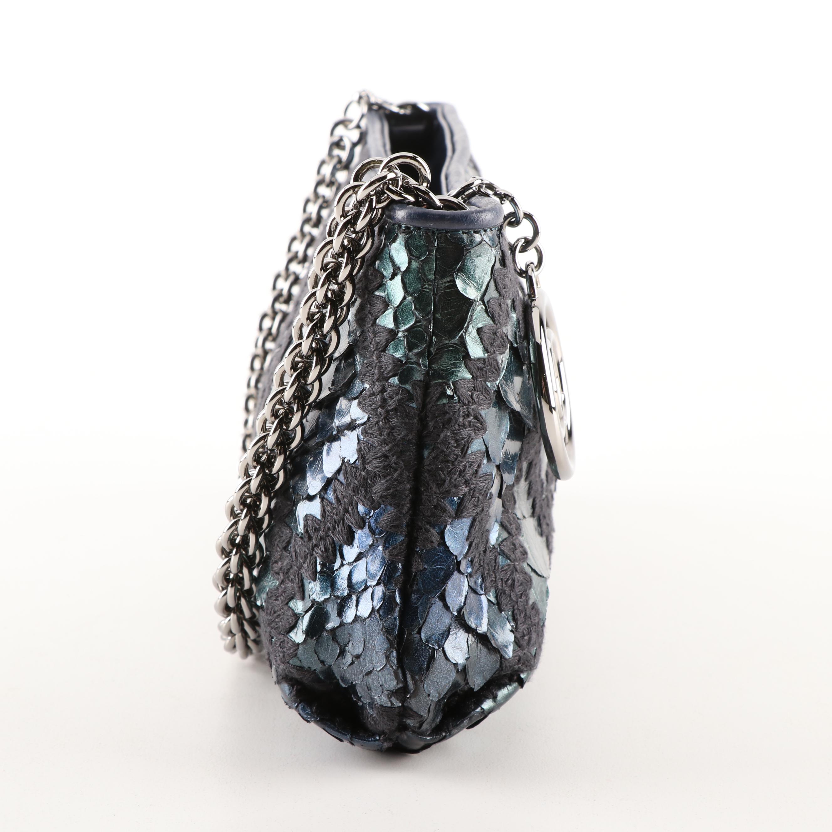 Chanel Iridescent Blue Python Skin, Crochet and Leather Clutch Purse