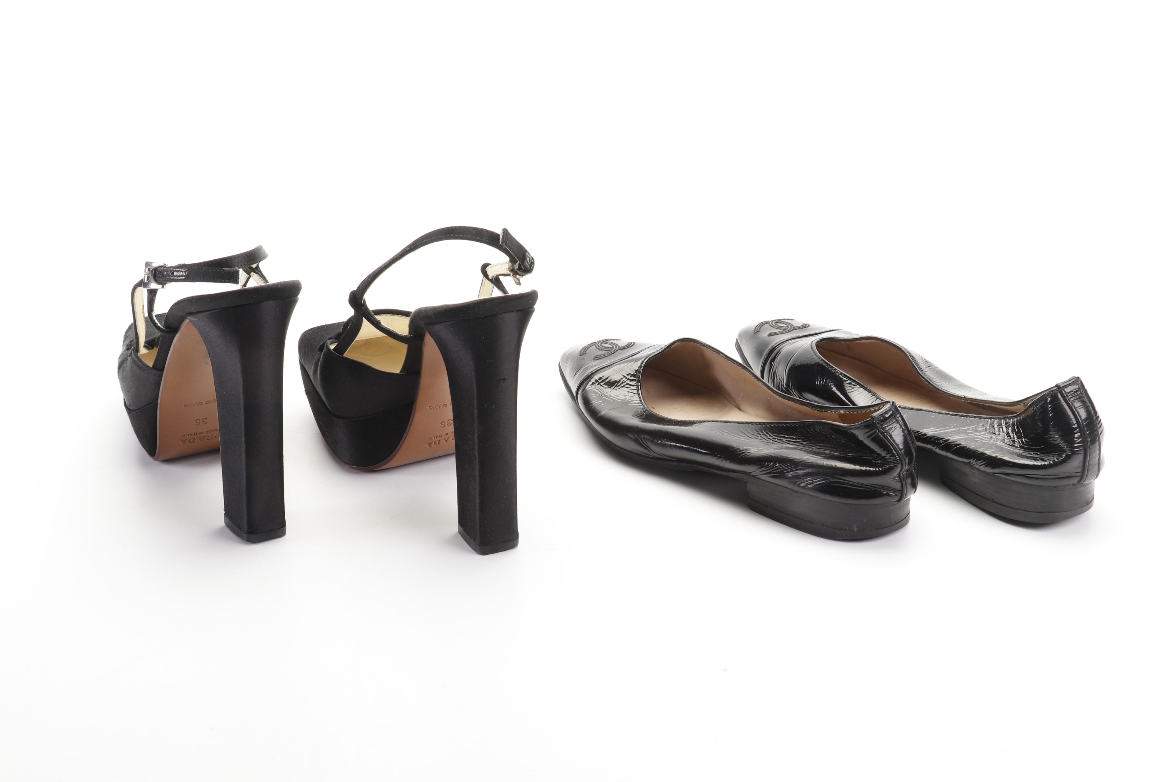 Chanel Black Patent Leather Flats and Prada Black Satin High-Heeled Shoes