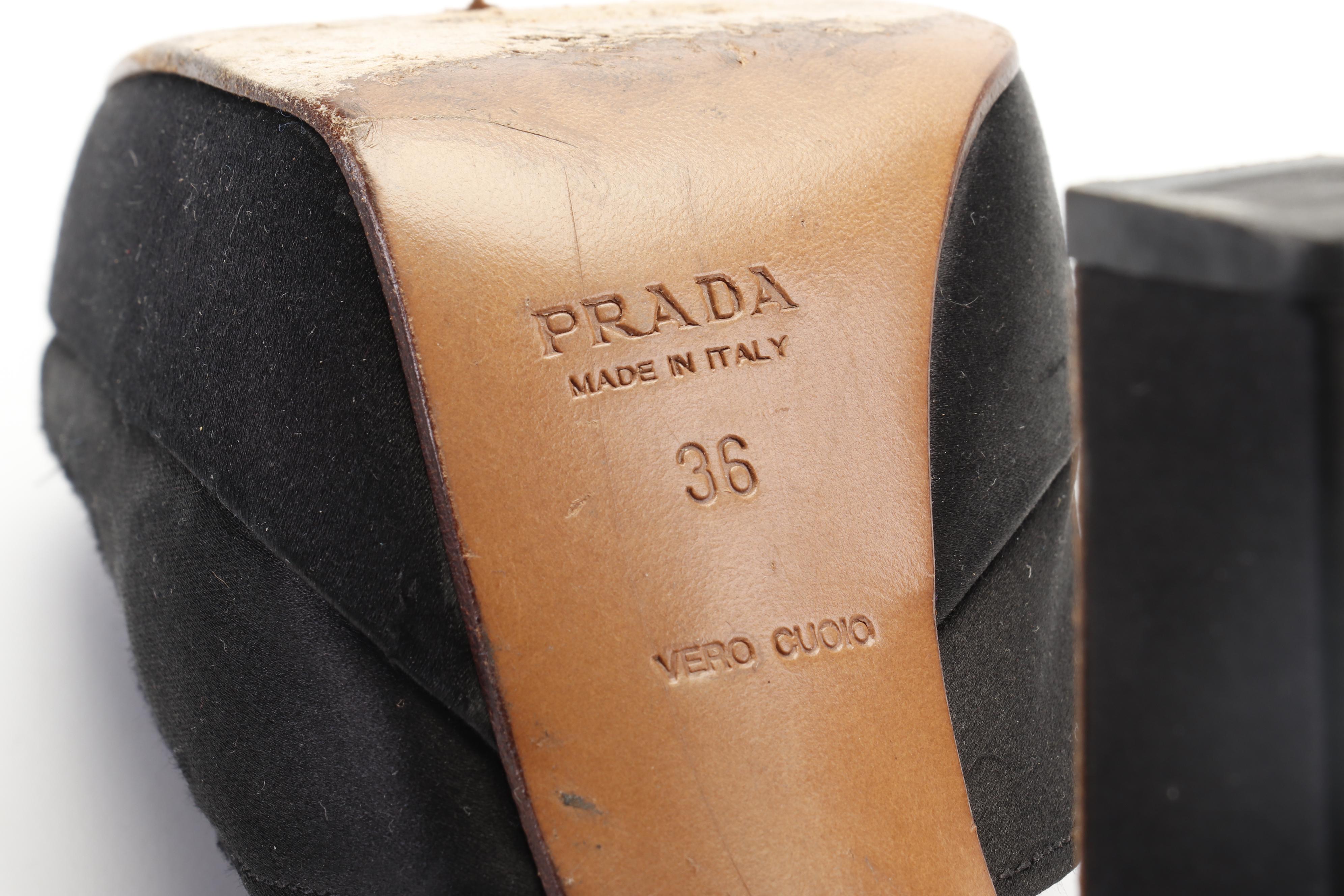 Chanel Black Patent Leather Flats and Prada Black Satin High-Heeled Shoes