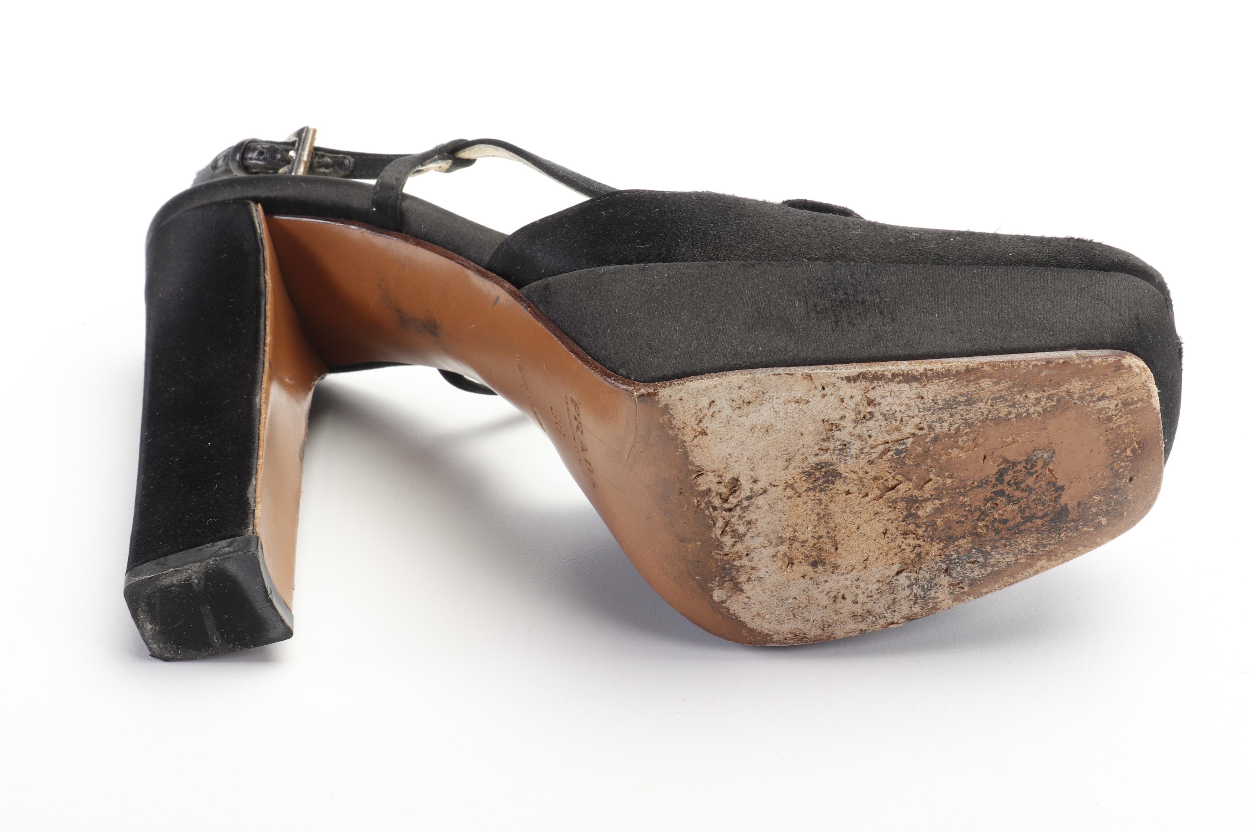 Chanel Black Patent Leather Flats and Prada Black Satin High-Heeled Shoes