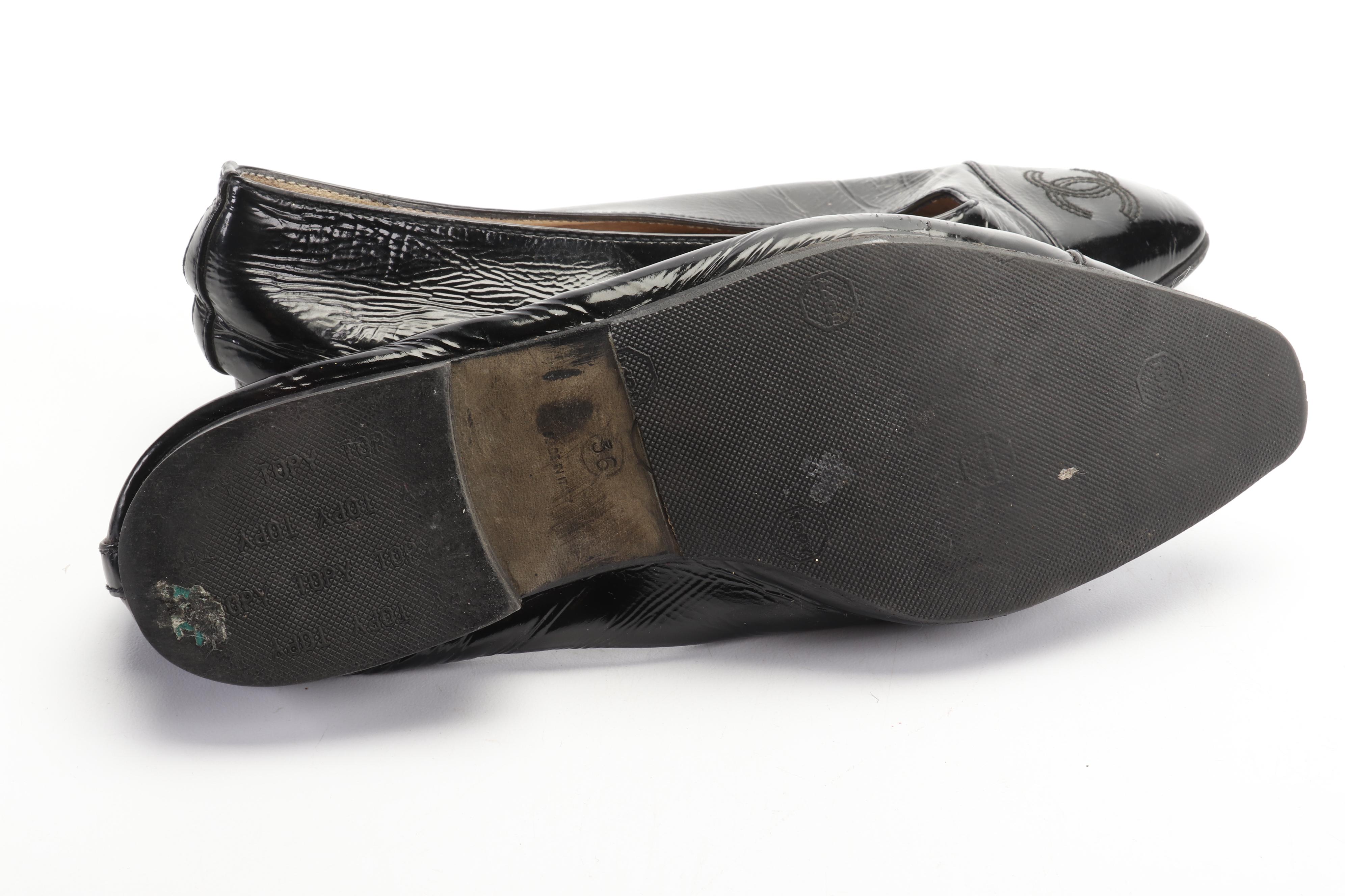 Chanel Black Patent Leather Flats and Prada Black Satin High-Heeled Shoes