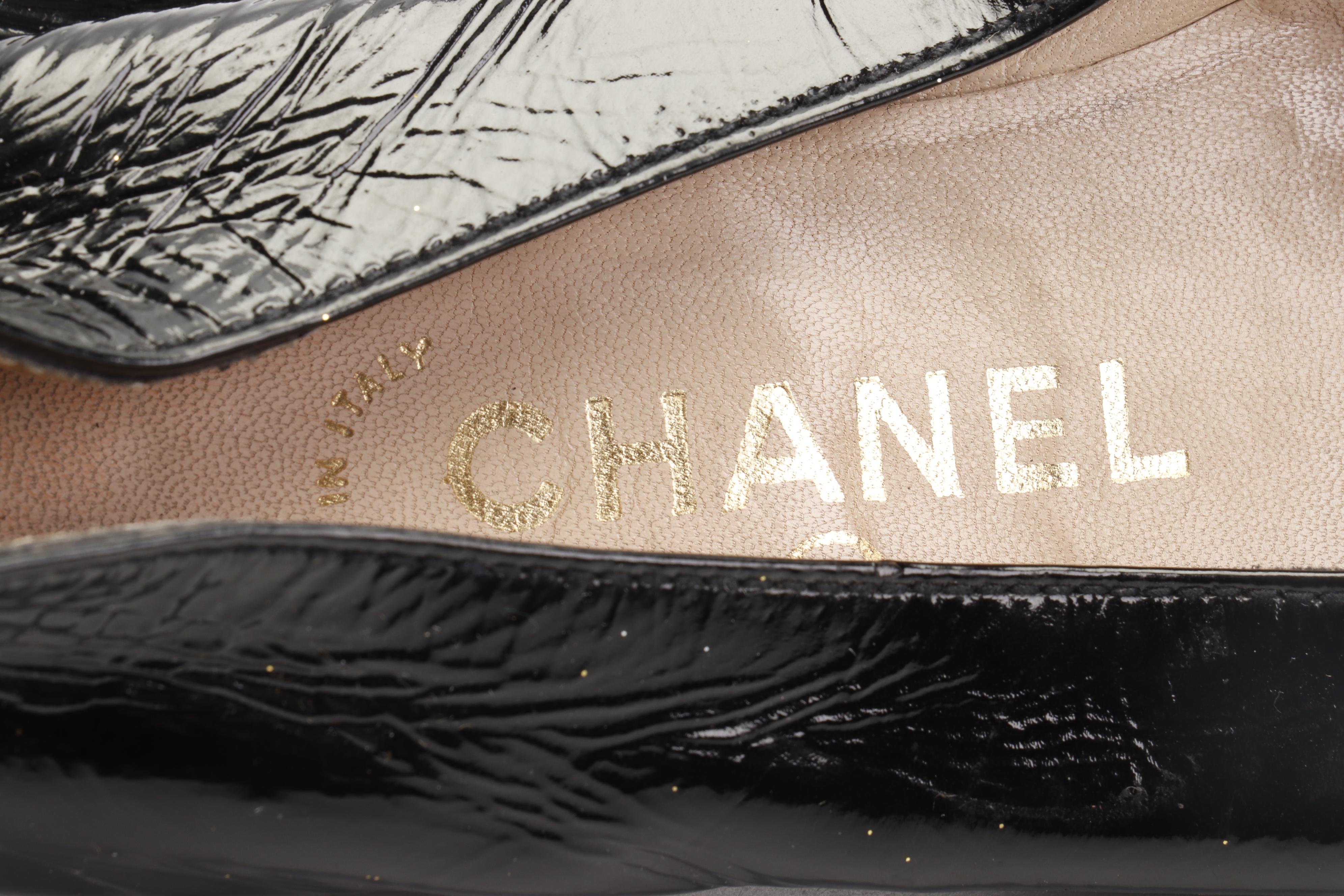 Chanel Black Patent Leather Flats and Prada Black Satin High-Heeled Shoes