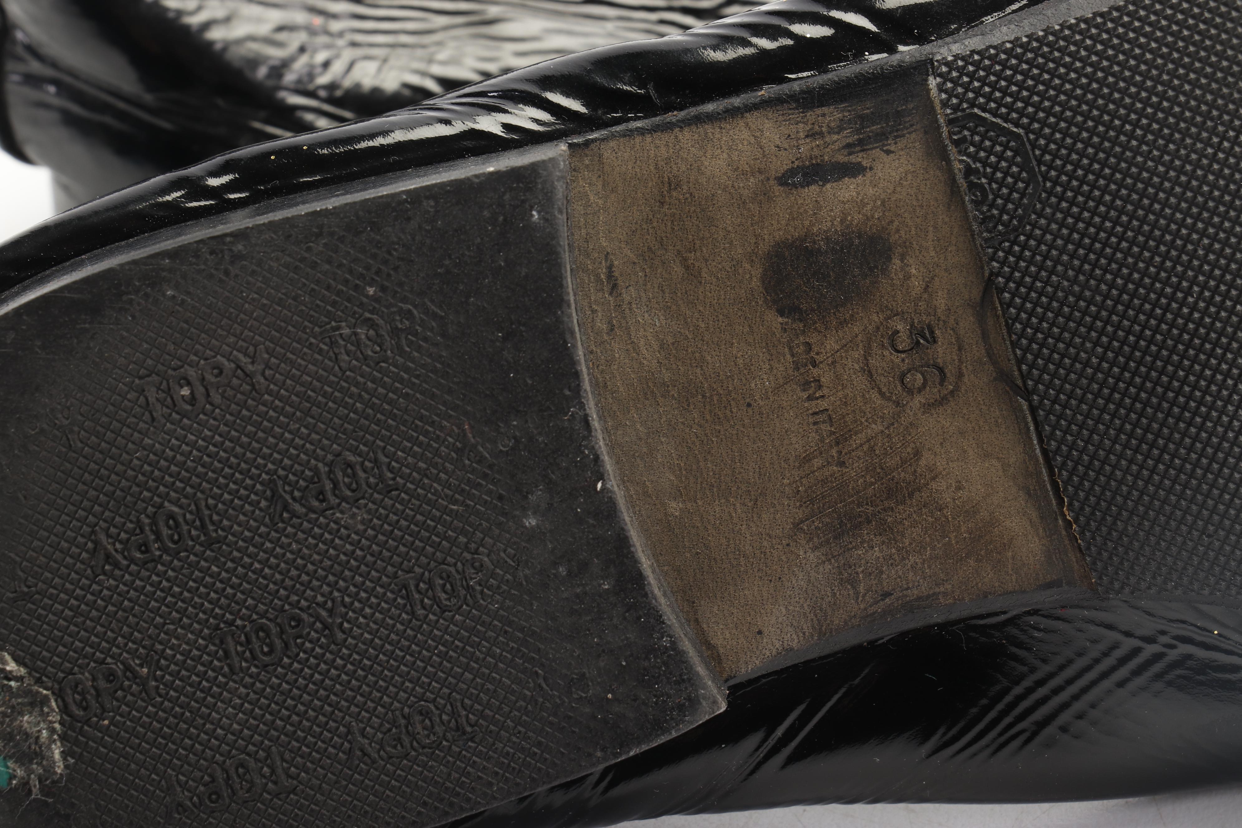 Chanel Black Patent Leather Flats and Prada Black Satin High-Heeled Shoes