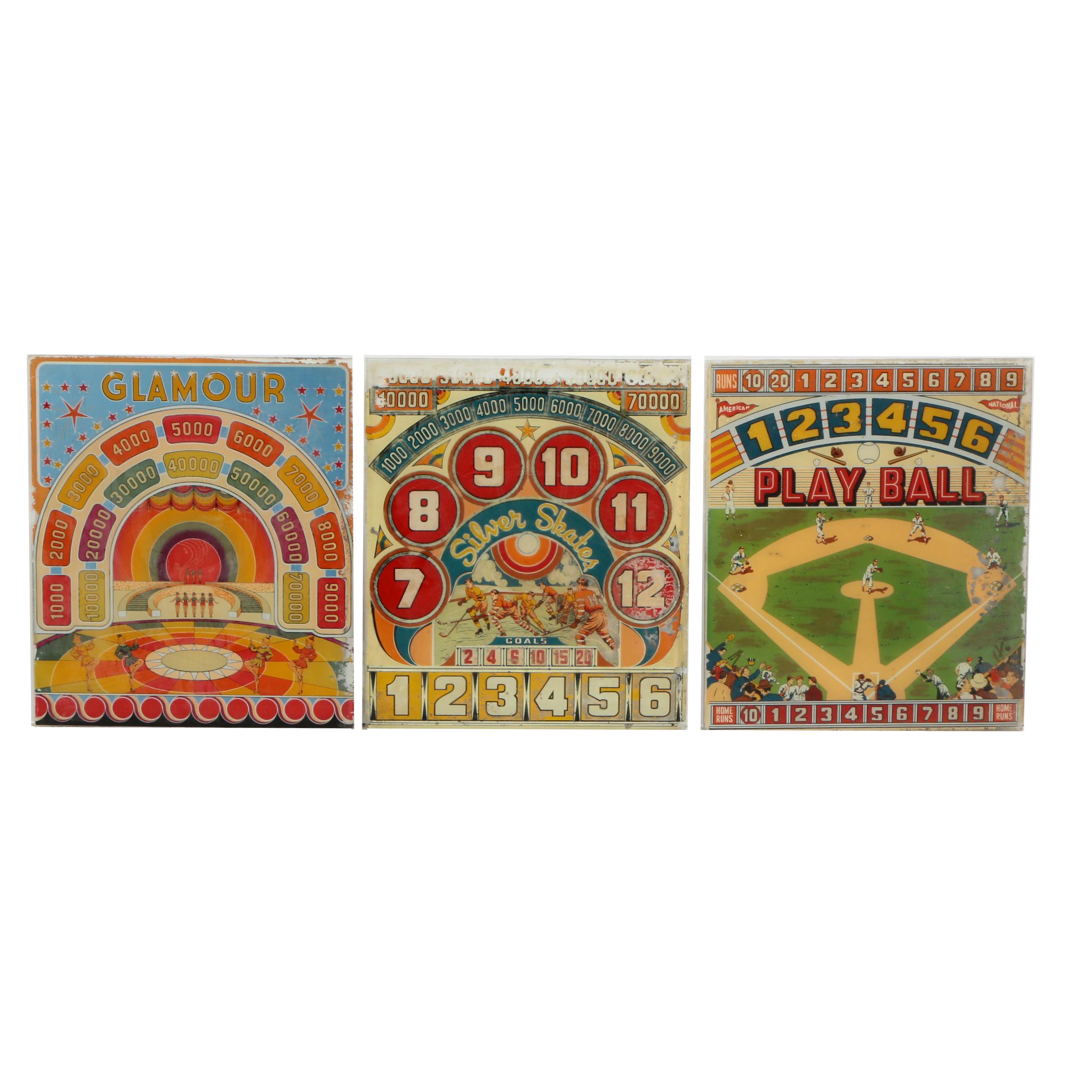Woodrail Pinball Machine Glass Display Panels, 1930s/1940s