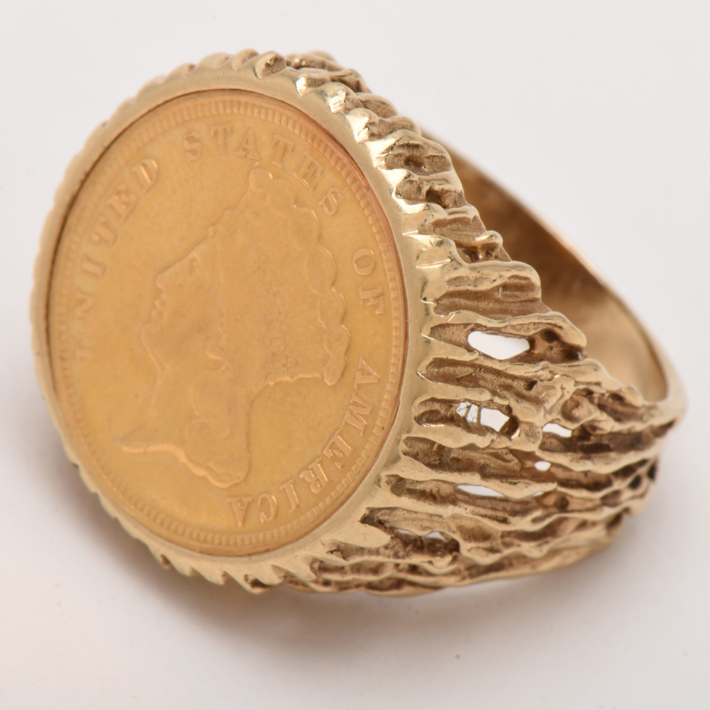 14K Yellow Gold Ring Featuring 1882 Indian Princess Head $3 Gold Coin
