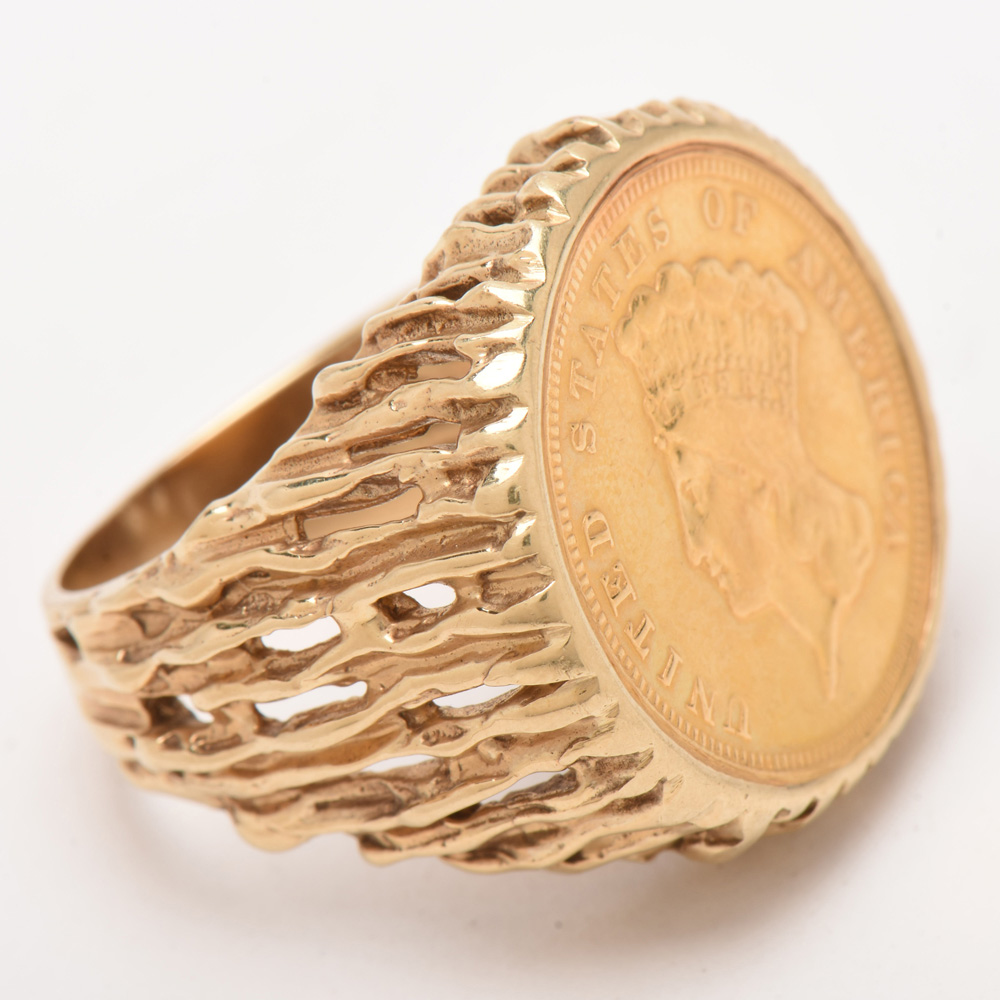 14K Yellow Gold Ring Featuring 1882 Indian Princess Head $3 Gold Coin