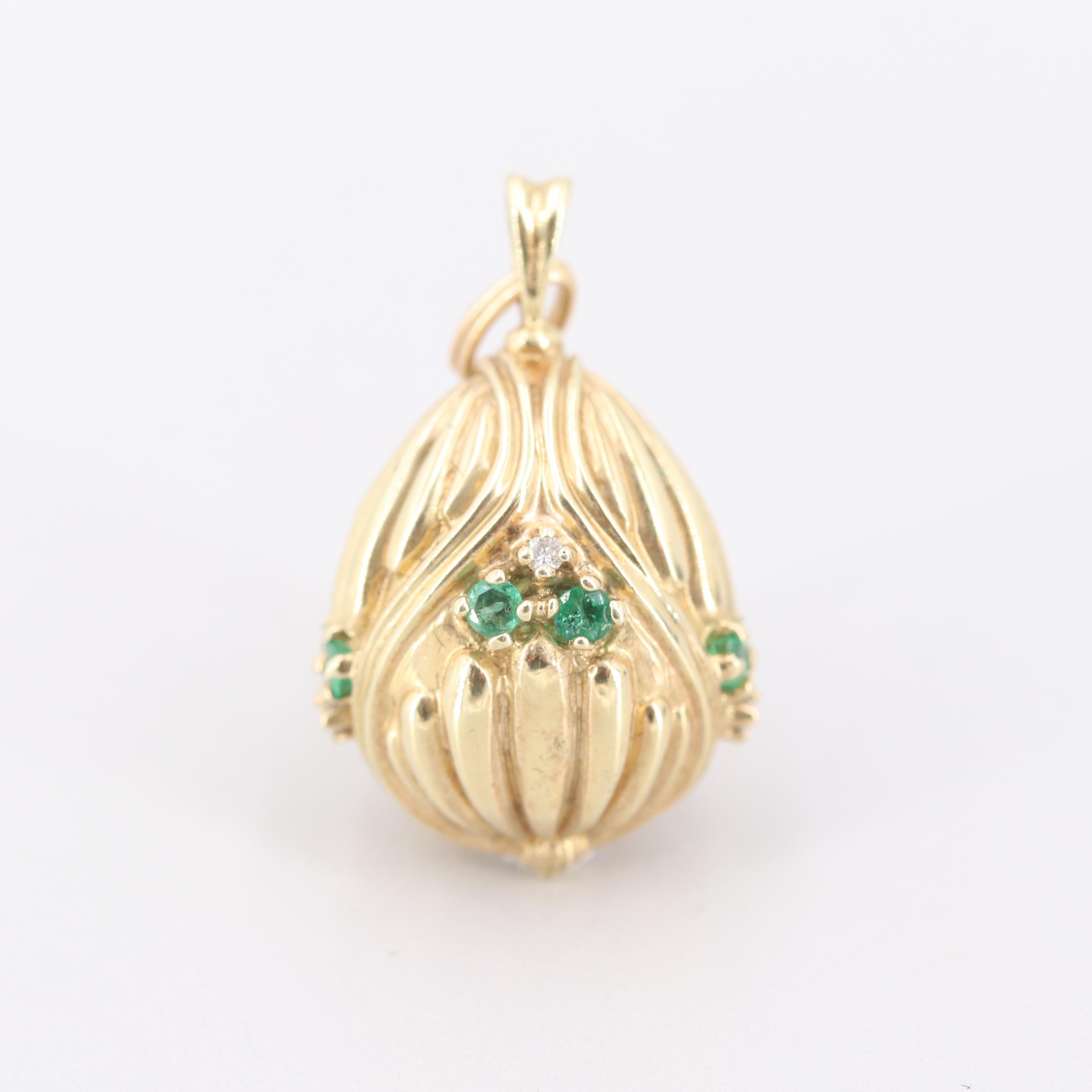 Igor Carl Fabergé Franklin Mint 14K Yellow Gold Emerald and Diamond Egg Pendant