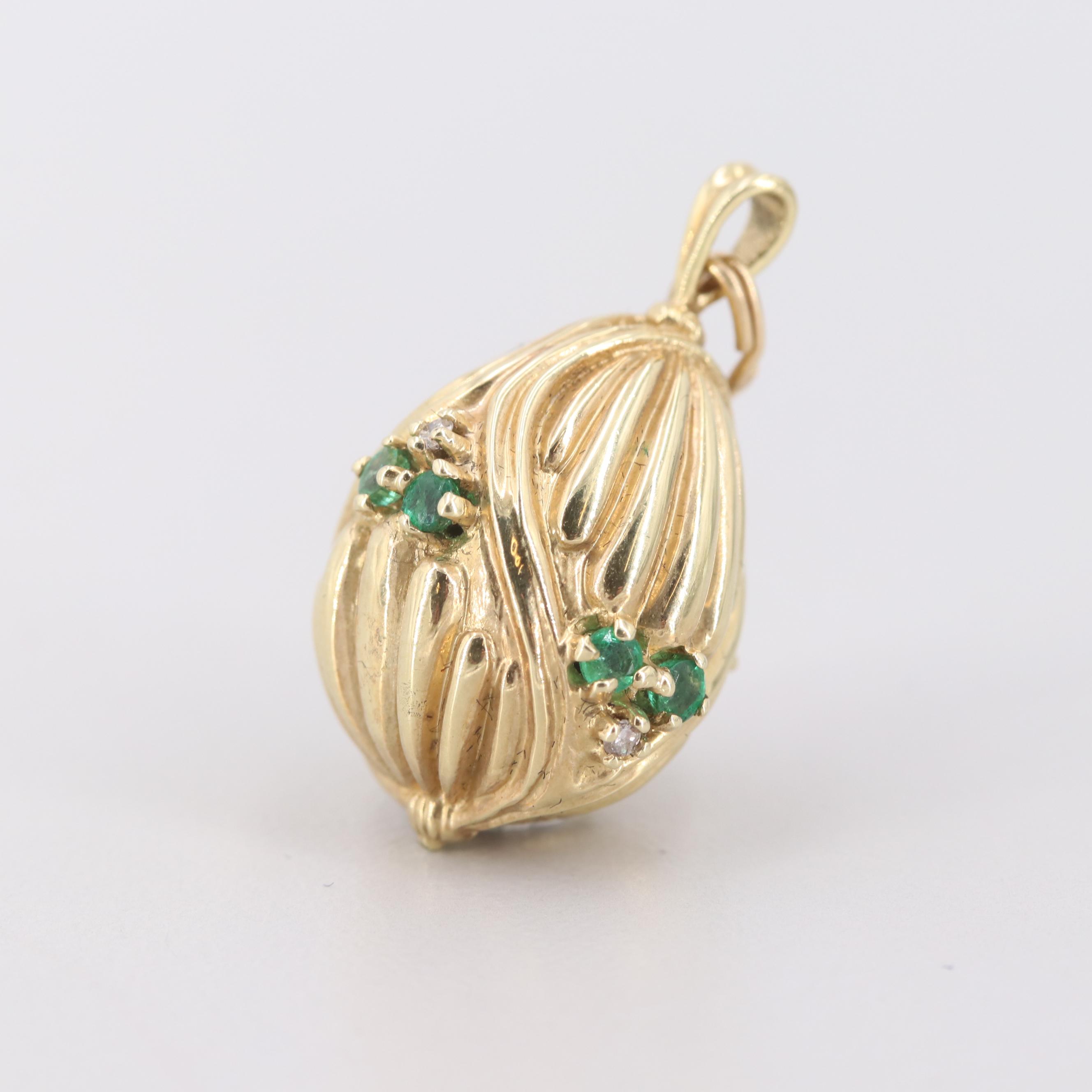 Igor Carl Fabergé Franklin Mint 14K Yellow Gold Emerald and Diamond Egg Pendant