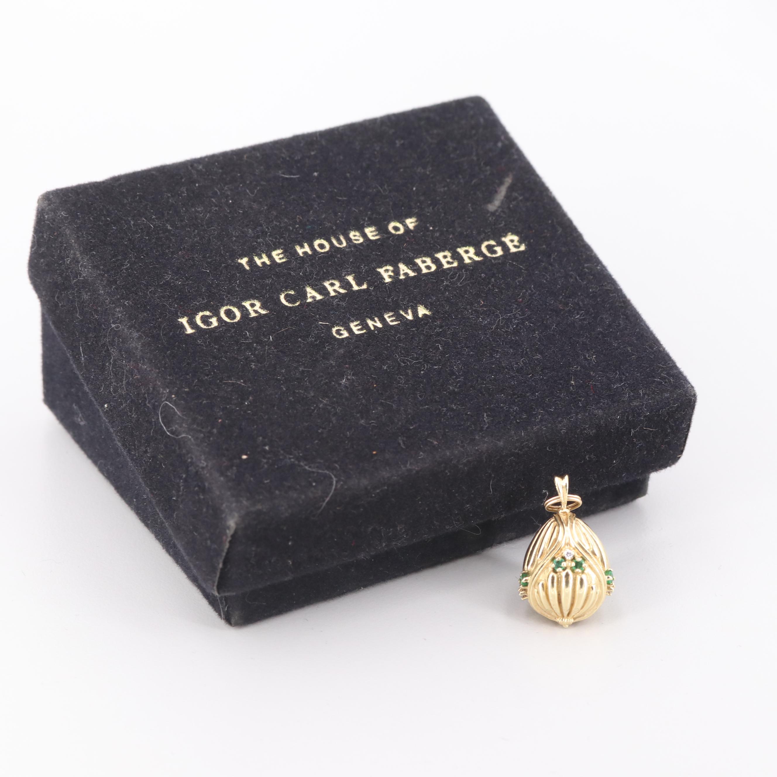 Igor Carl Fabergé Franklin Mint 14K Yellow Gold Emerald and Diamond Egg Pendant