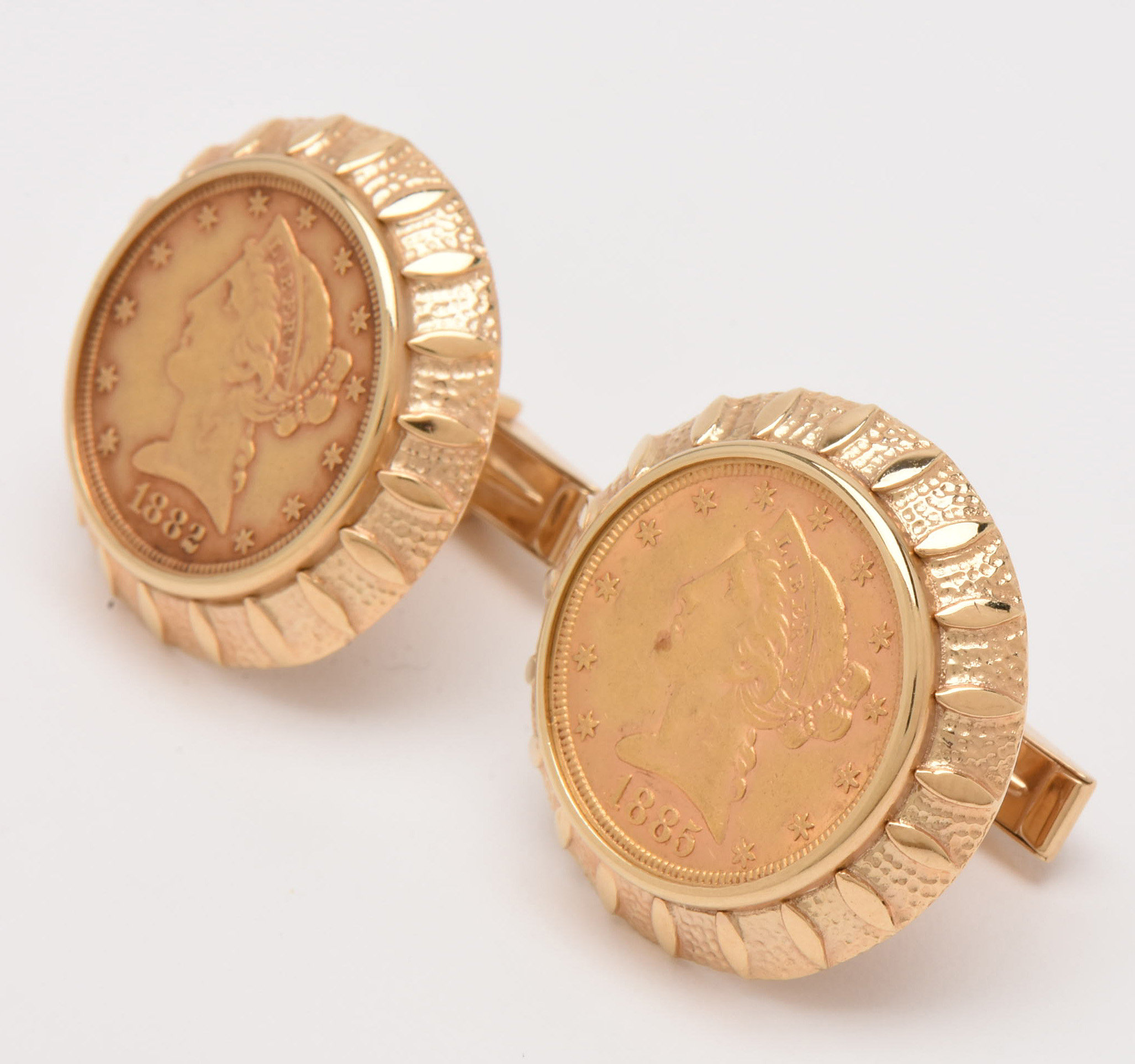 14K Yellow Gold Cufflinks with 1882 and 1885-S $5 Liberty Head Gold Coins