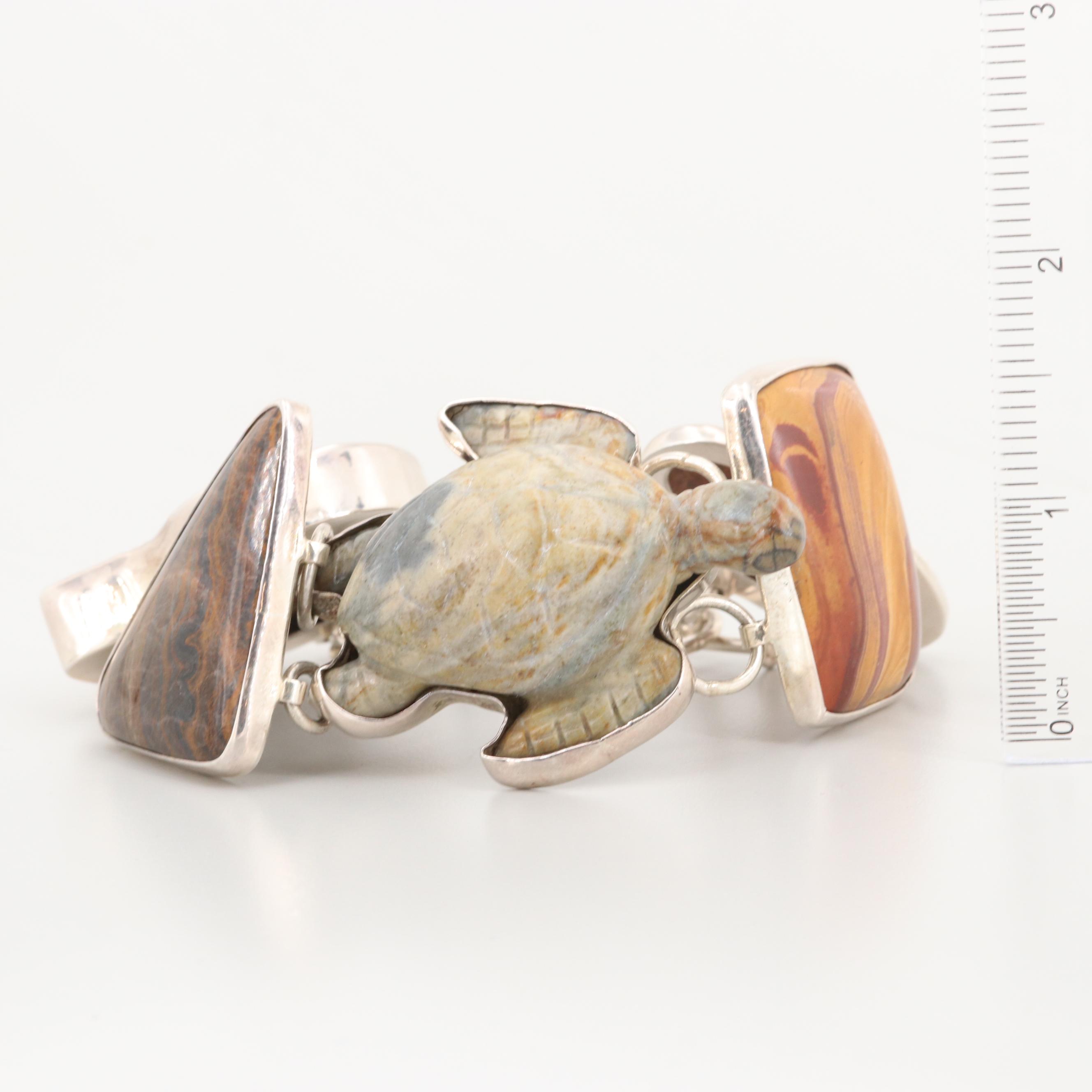 Charles Albert Sterling Silver Fossilized Coral, Ammonite and Jasper Bracelet