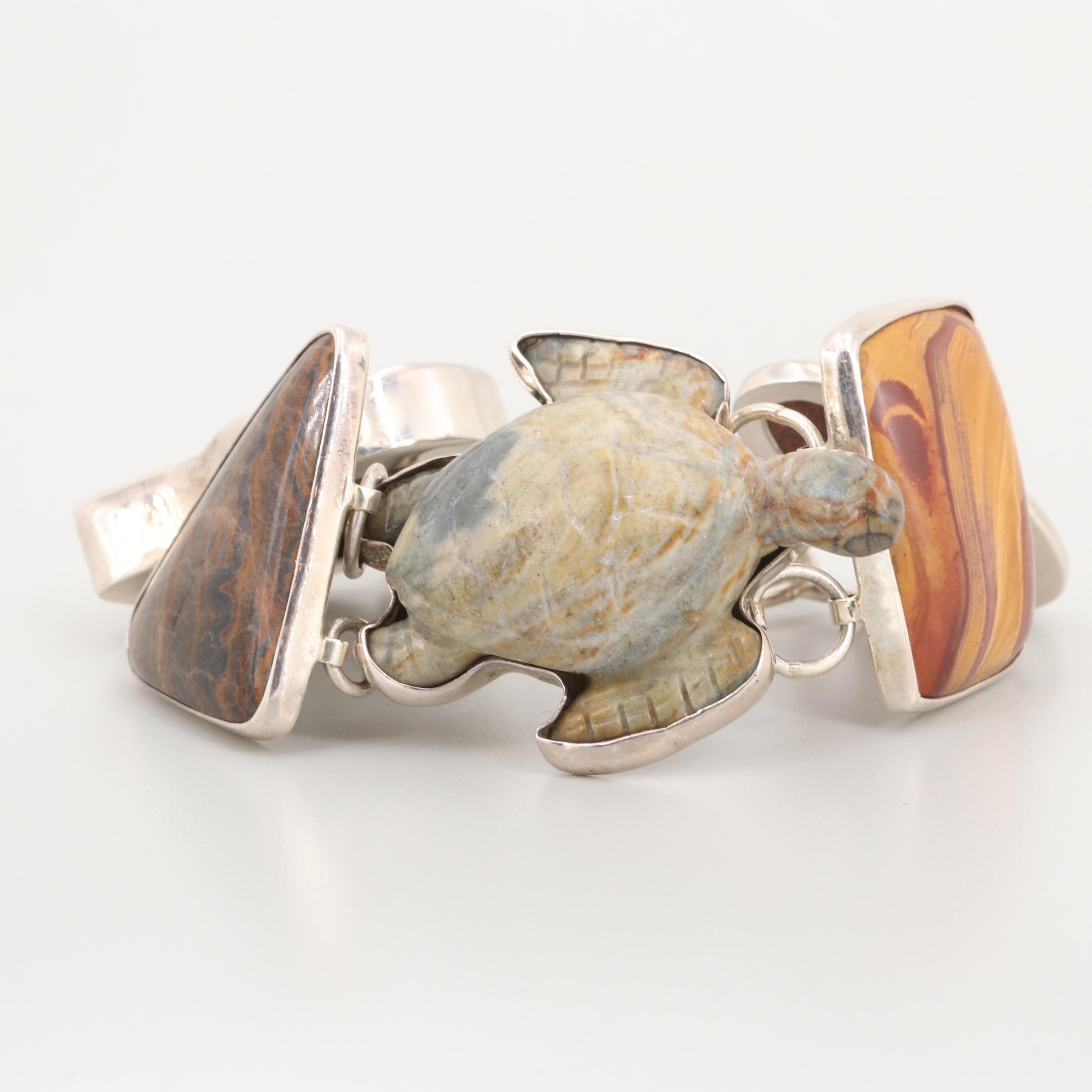 Charles Albert Sterling Silver Fossilized Coral, Ammonite and Jasper Bracelet