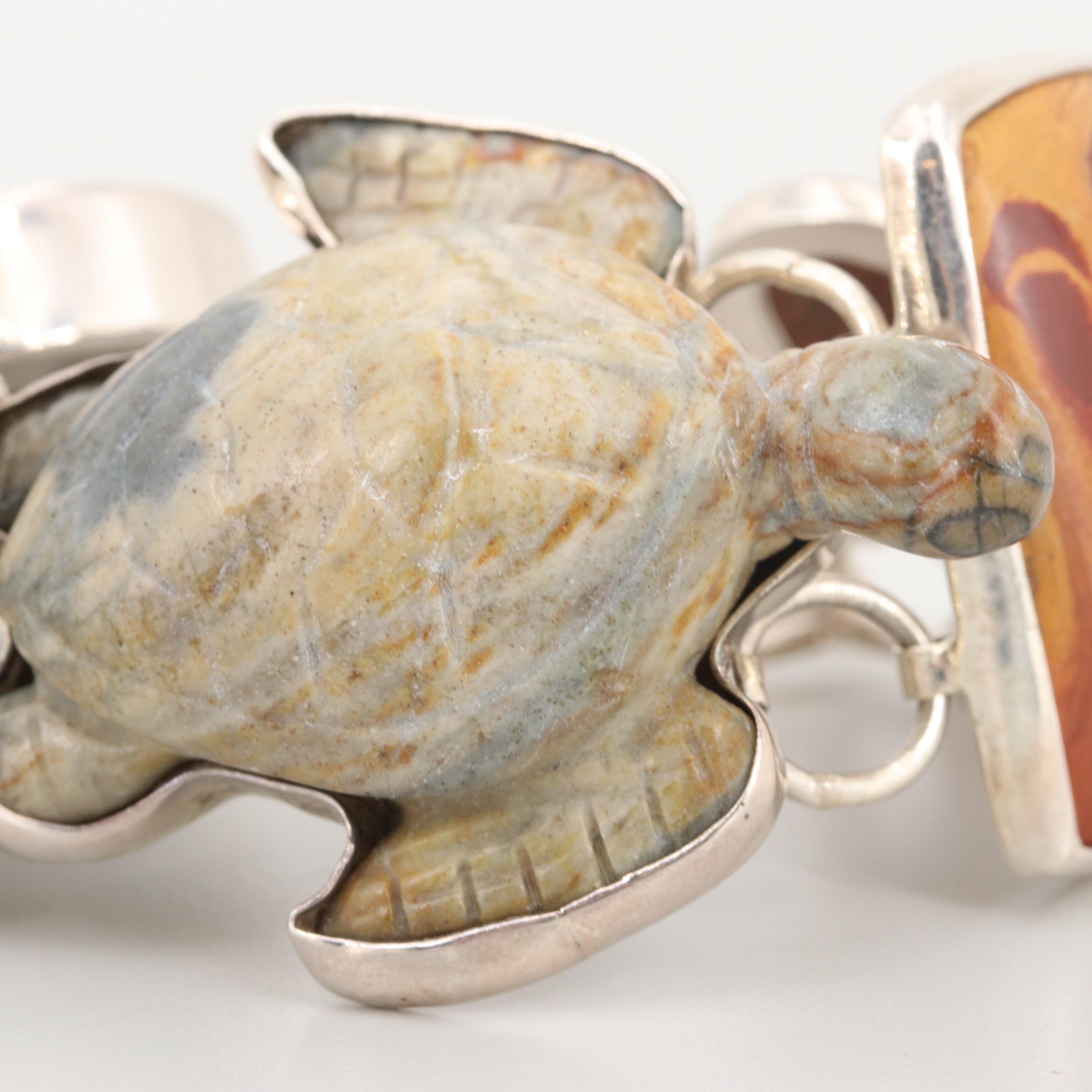 Charles Albert Sterling Silver Fossilized Coral, Ammonite and Jasper Bracelet