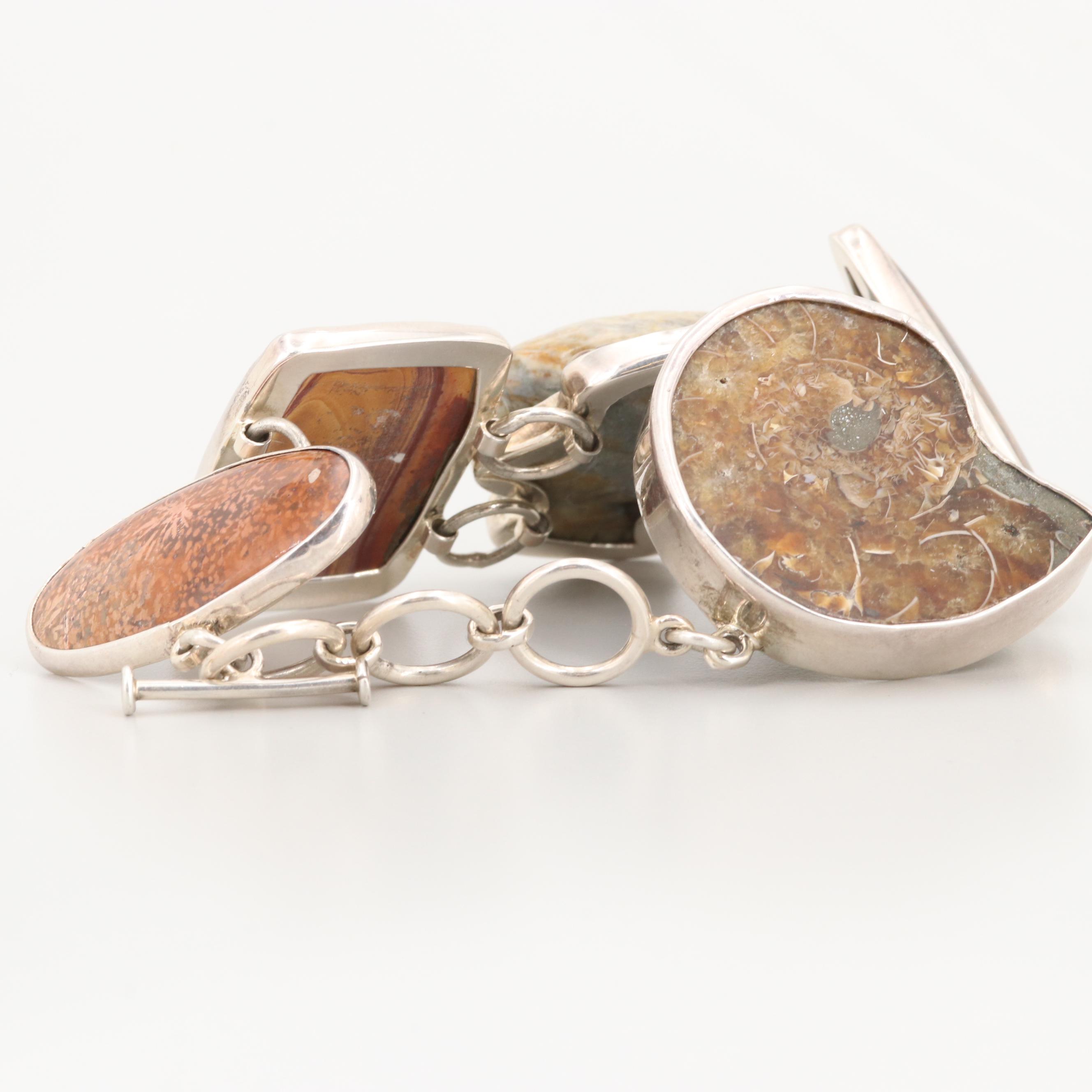 Charles Albert Sterling Silver Fossilized Coral, Ammonite and Jasper Bracelet