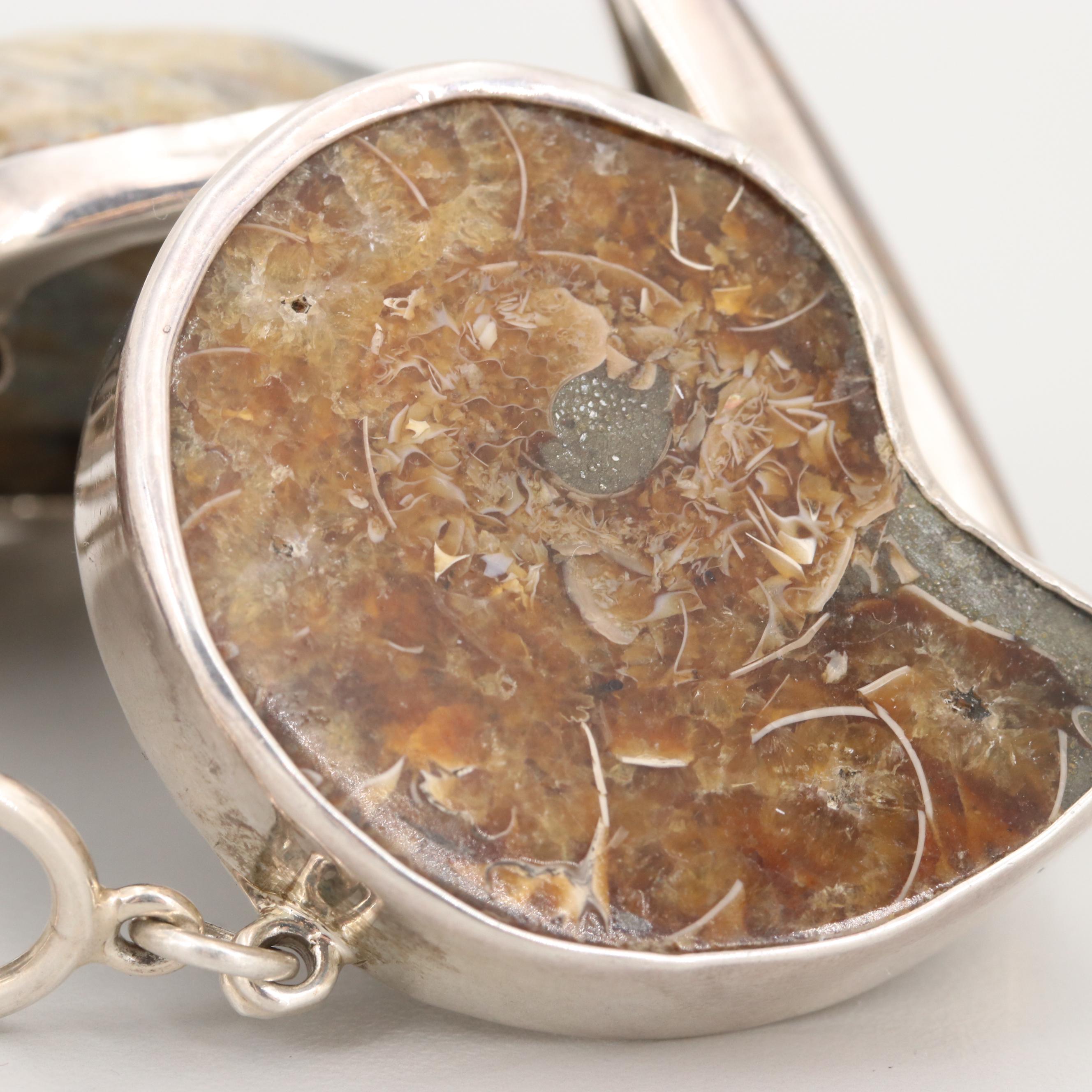 Charles Albert Sterling Silver Fossilized Coral, Ammonite and Jasper Bracelet