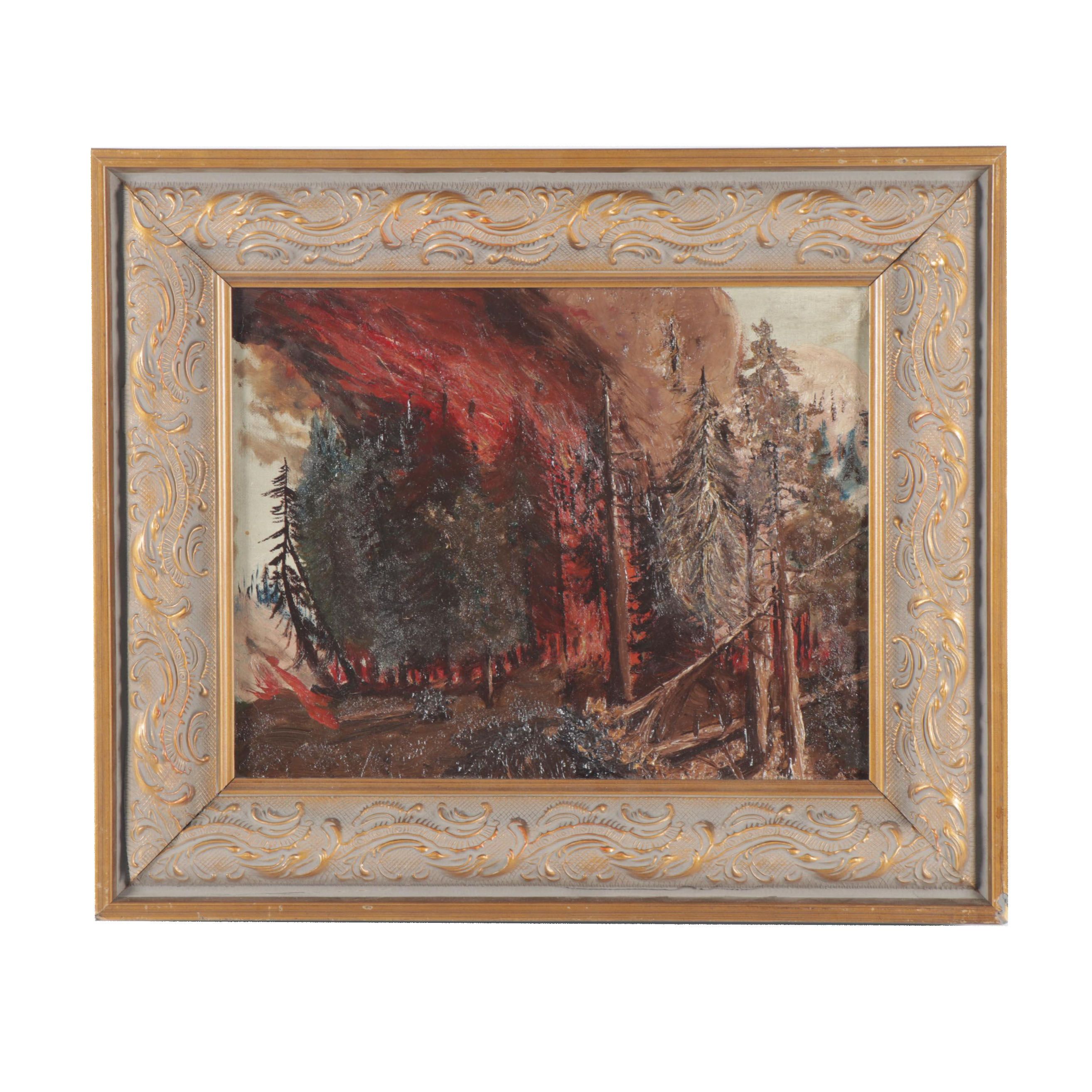 Early 20th Century Forest Fire Oil Painting