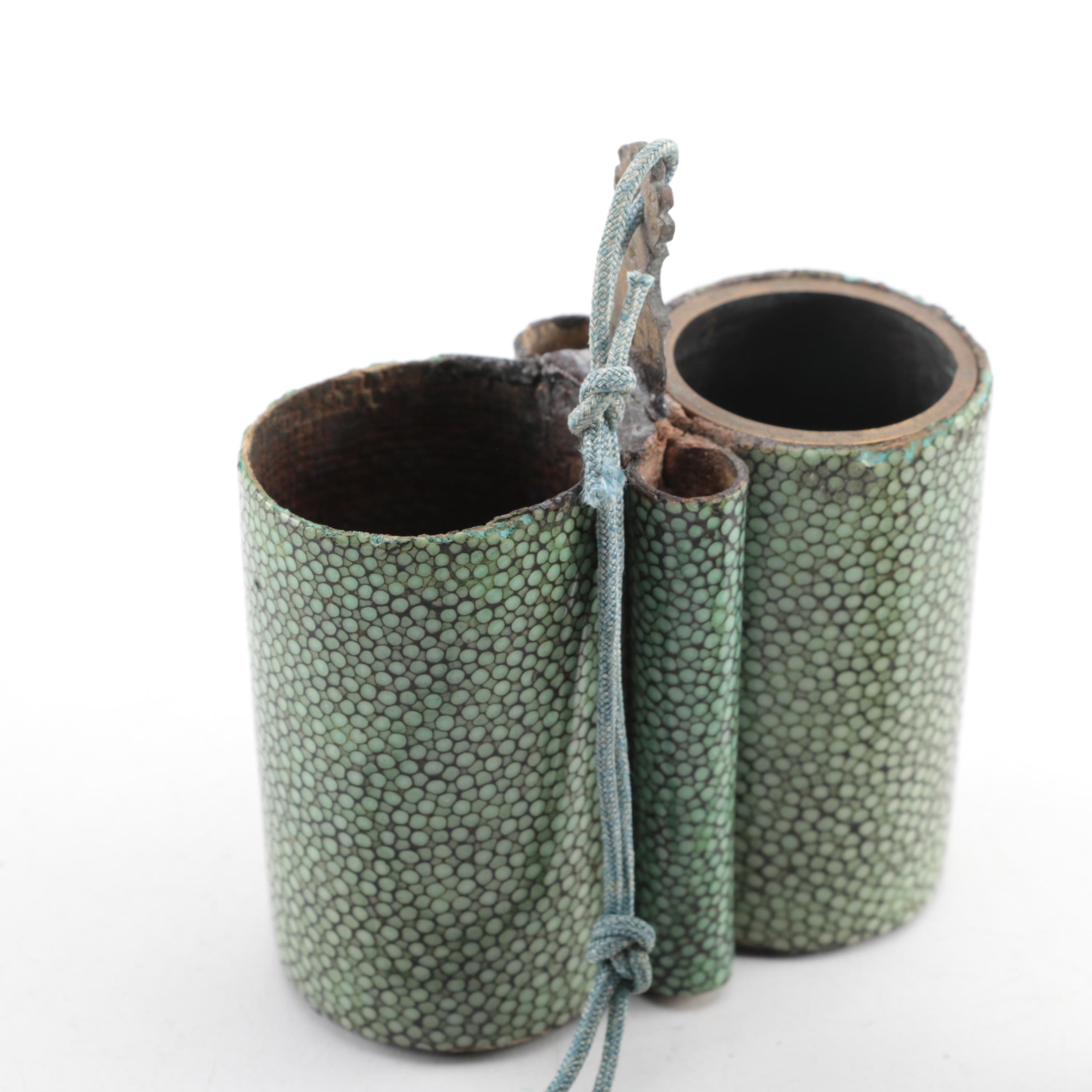 Chinese Engraved Paktong Shagreen and Brass Water Pipe