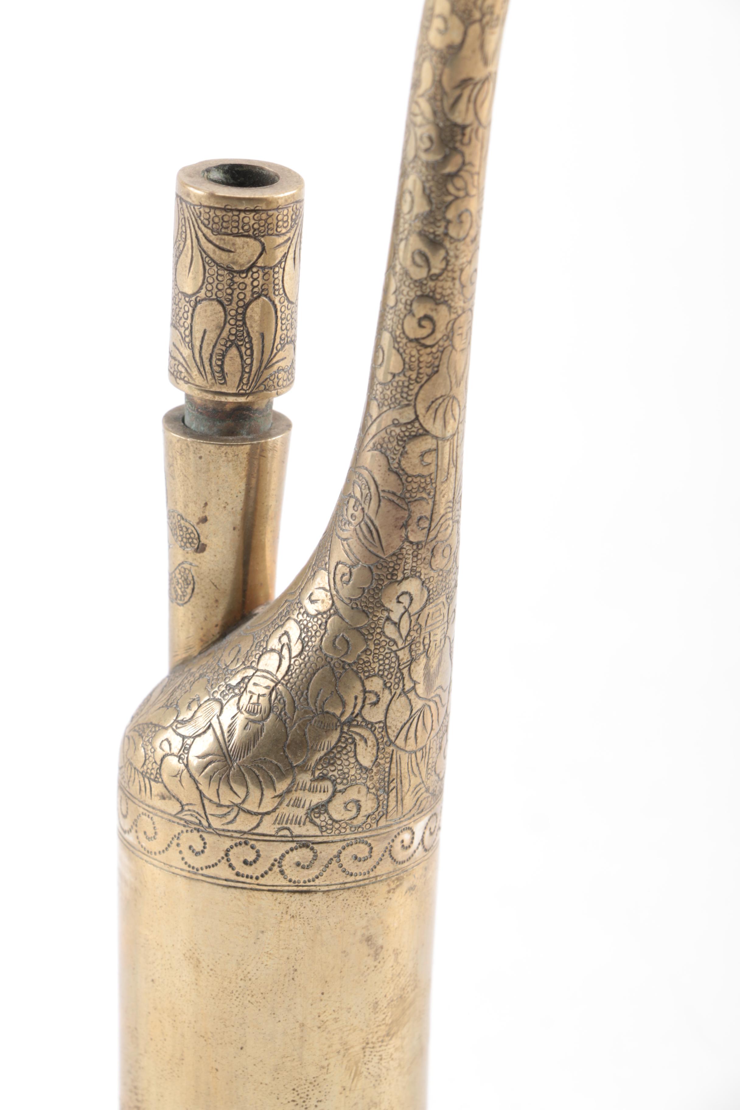 Chinese Engraved Paktong Shagreen and Brass Water Pipe