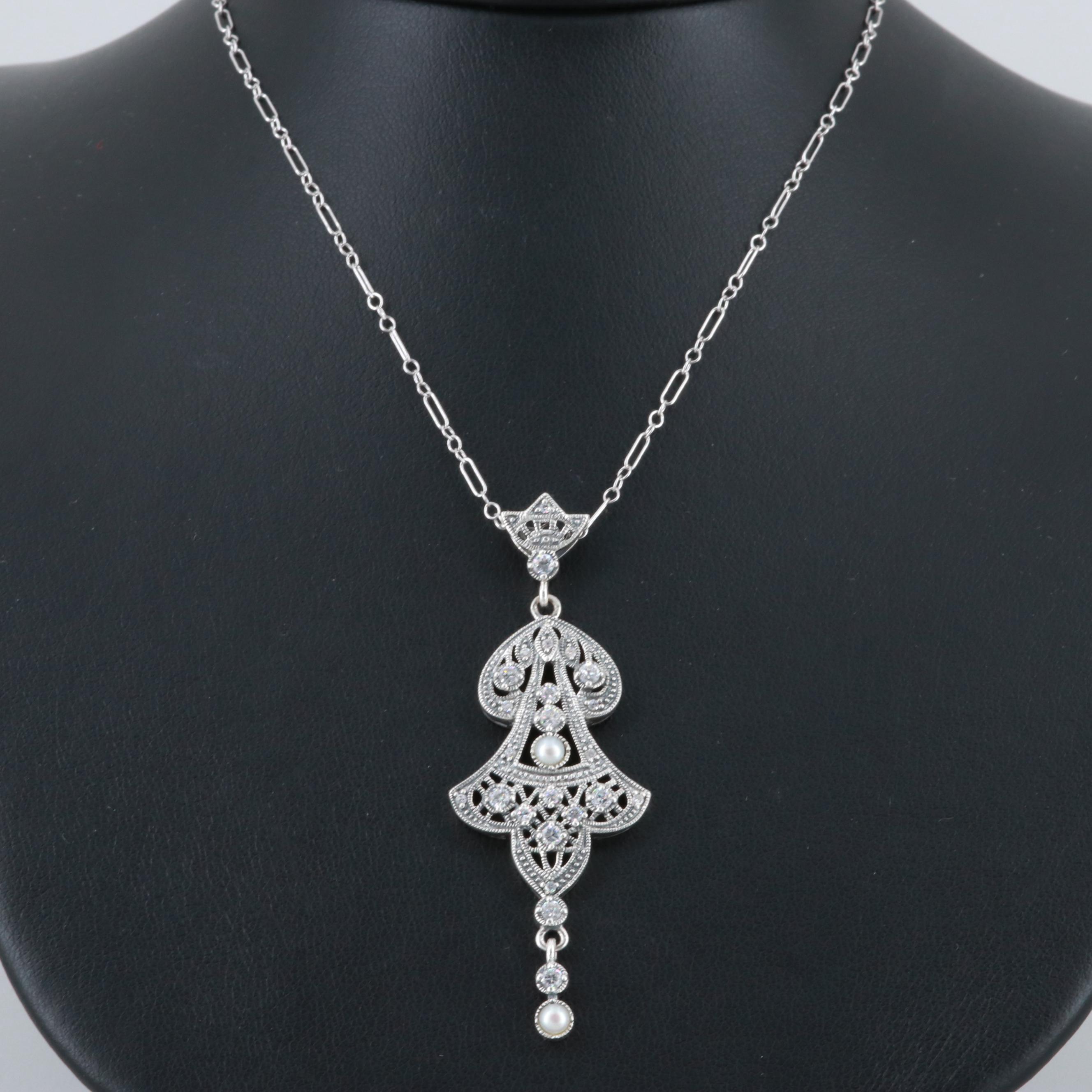 Lauren Taylor Sterling Silver Cultured Pearl and Cubic Zirconia Pendant Necklace