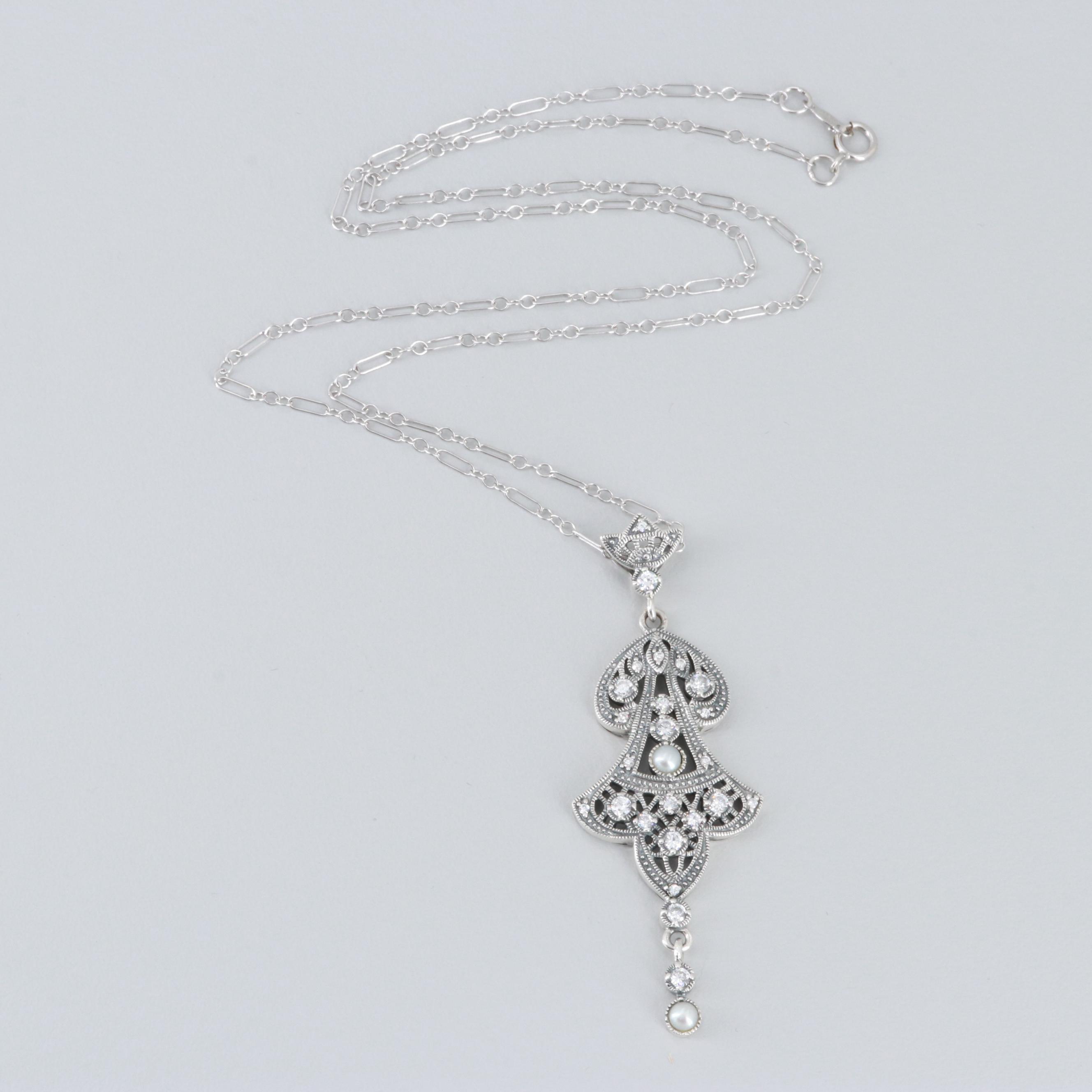 Lauren Taylor Sterling Silver Cultured Pearl and Cubic Zirconia Pendant Necklace