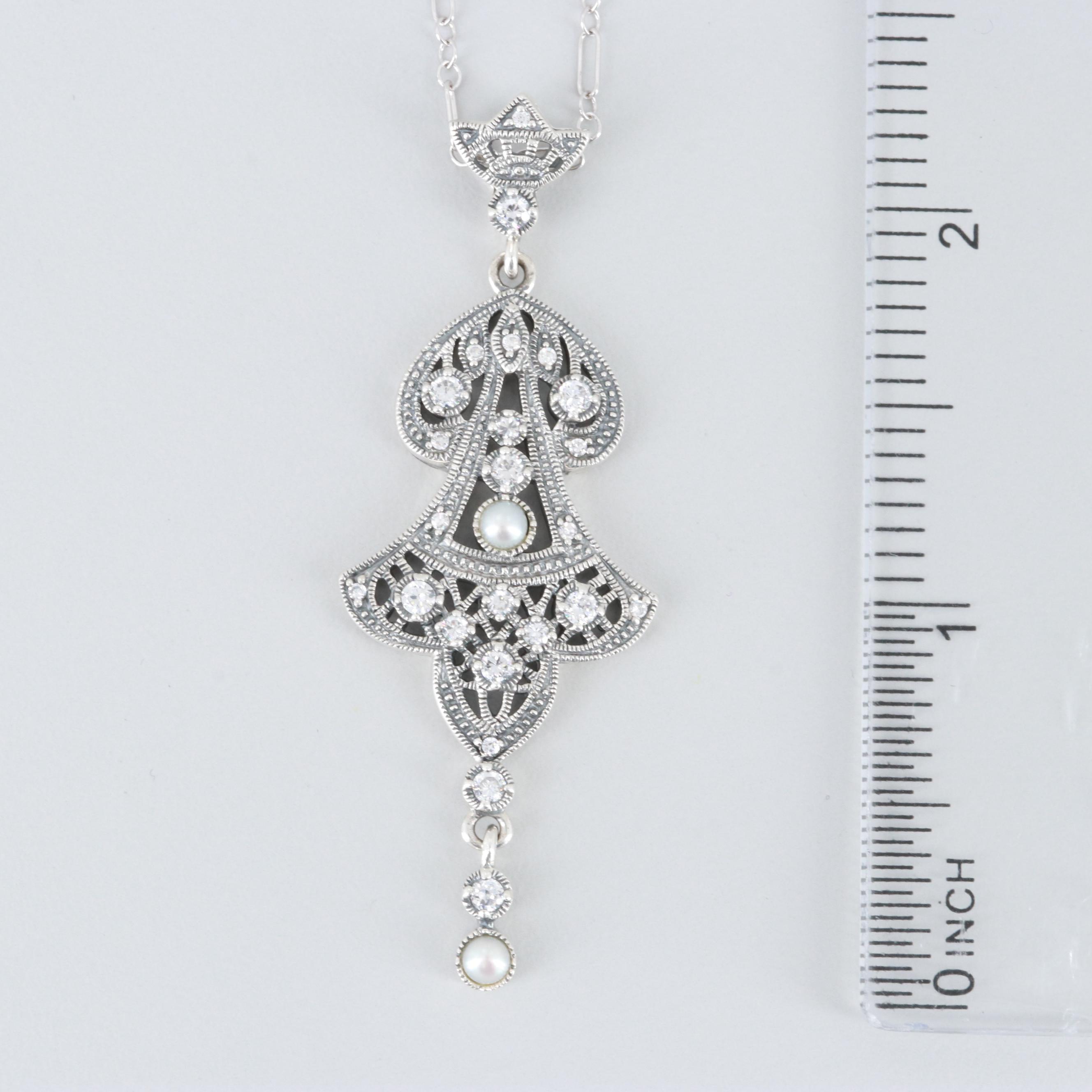 Lauren Taylor Sterling Silver Cultured Pearl and Cubic Zirconia Pendant Necklace