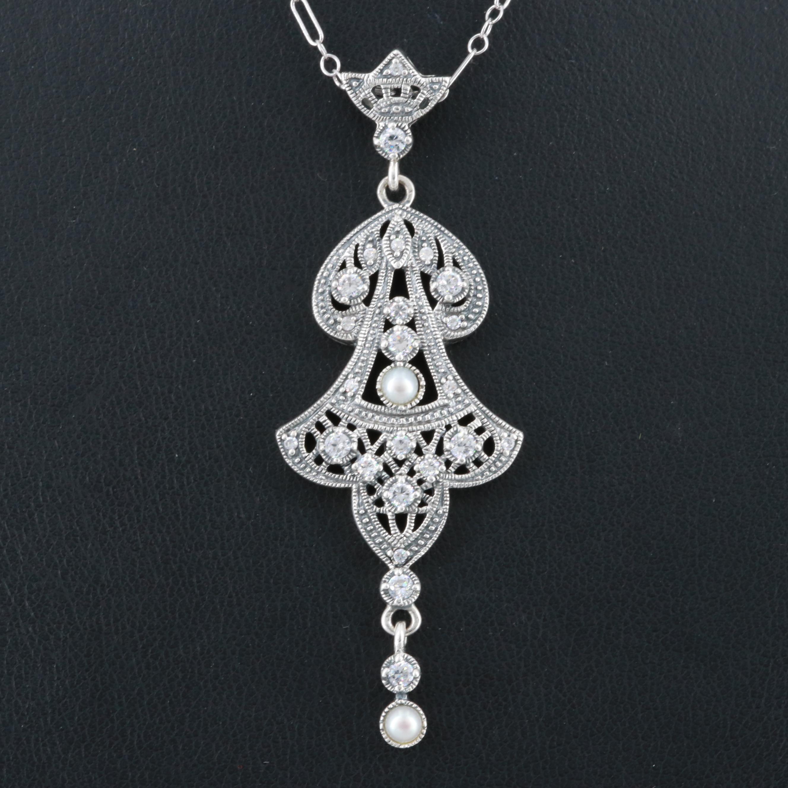 Lauren Taylor Sterling Silver Cultured Pearl and Cubic Zirconia Pendant Necklace