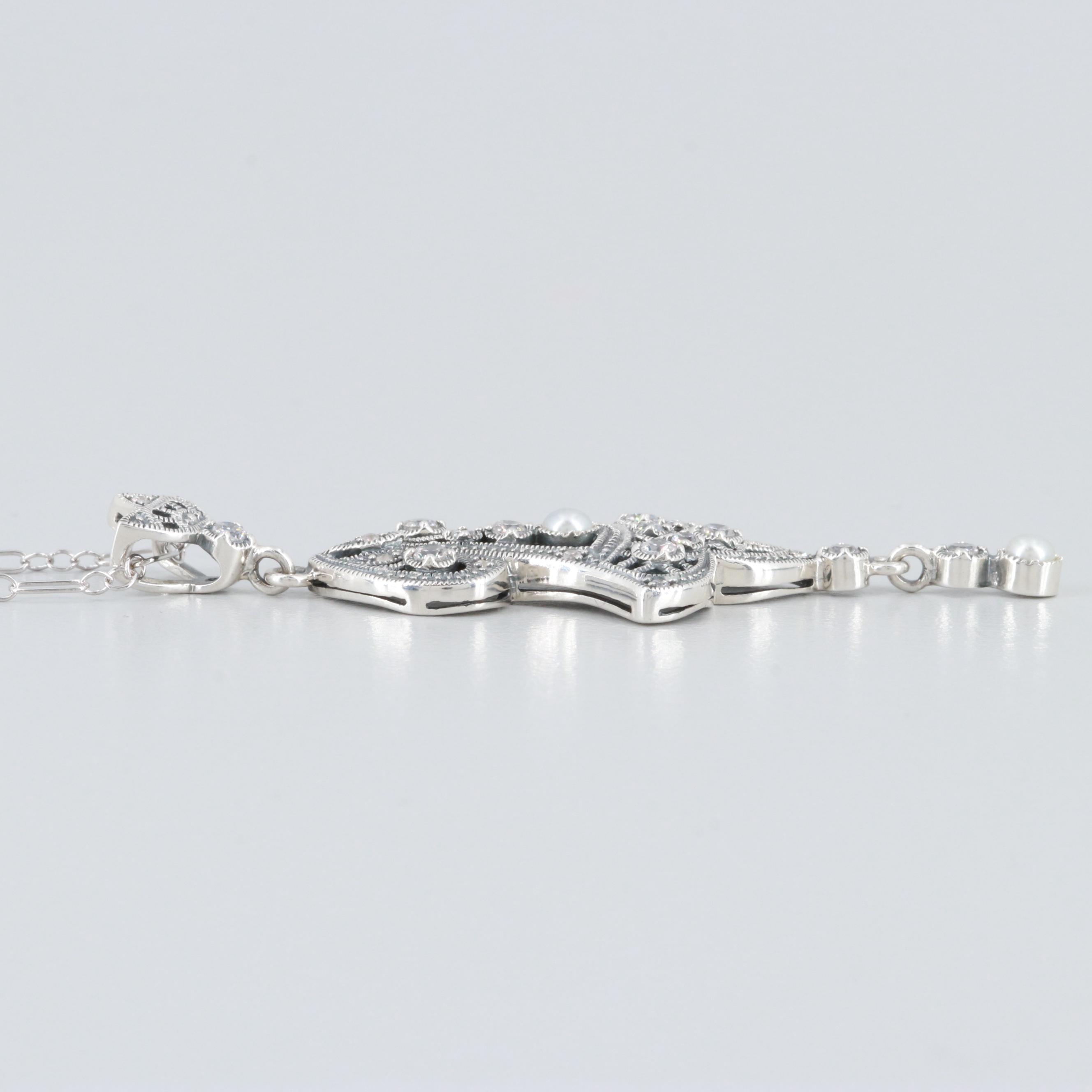 Lauren Taylor Sterling Silver Cultured Pearl and Cubic Zirconia Pendant Necklace