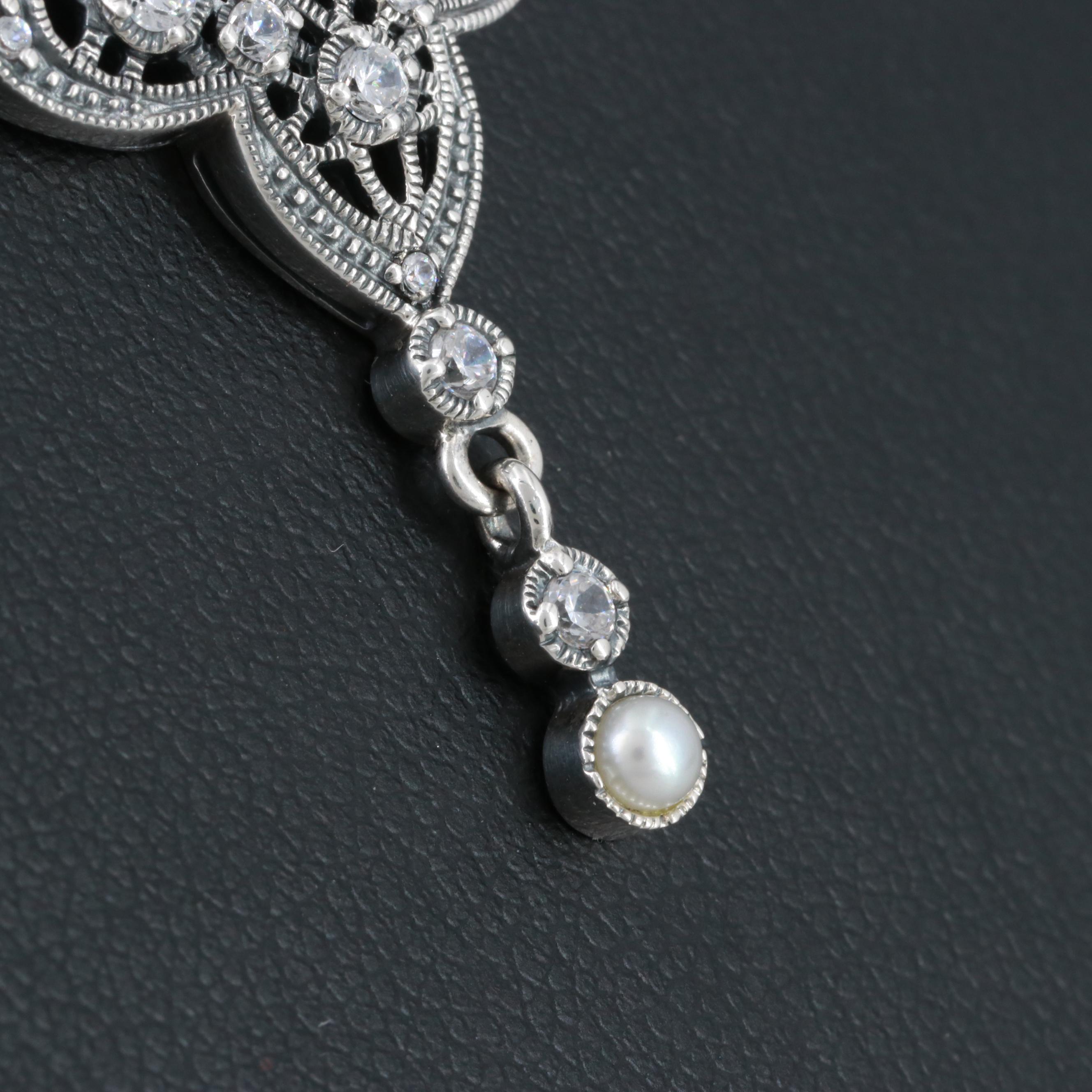 Lauren Taylor Sterling Silver Cultured Pearl and Cubic Zirconia Pendant Necklace