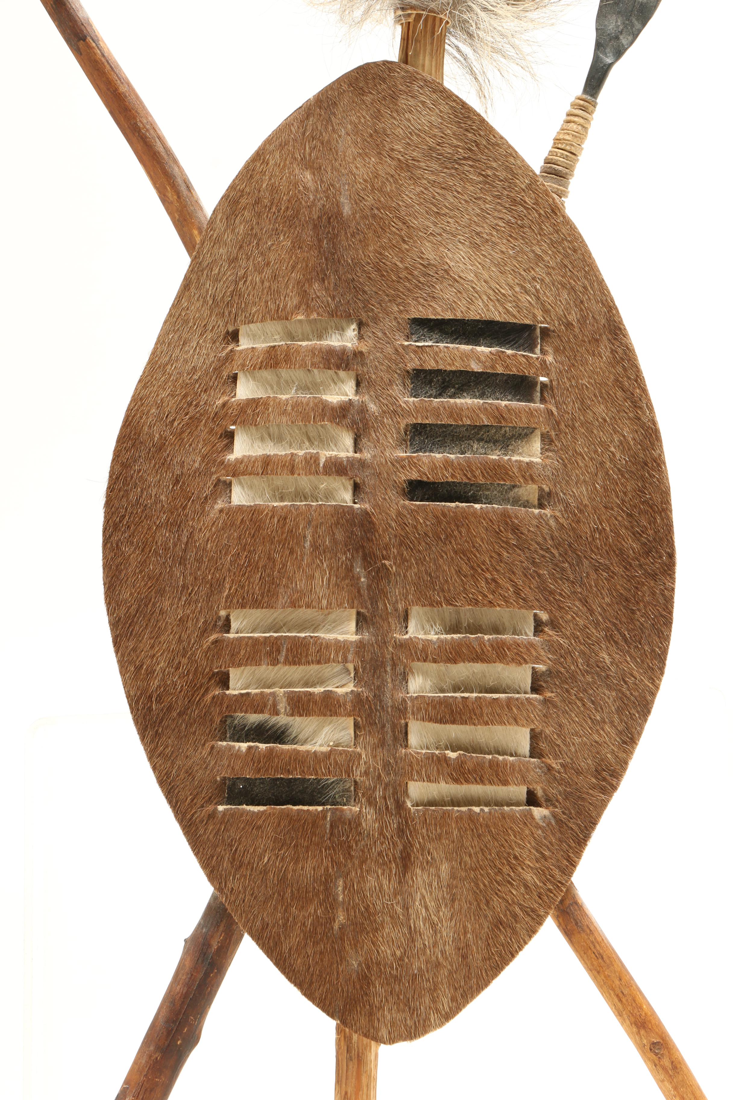 Zulu Cowhide Shield with Knobkerrie and Spear