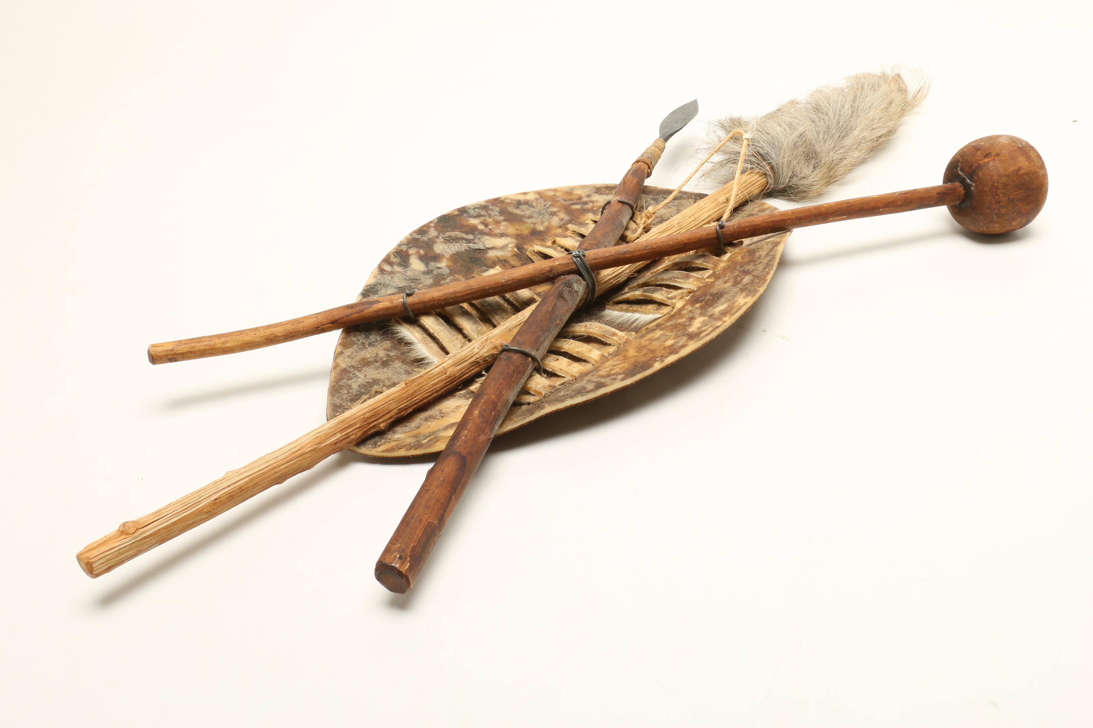 Zulu Cowhide Shield with Knobkerrie and Spear