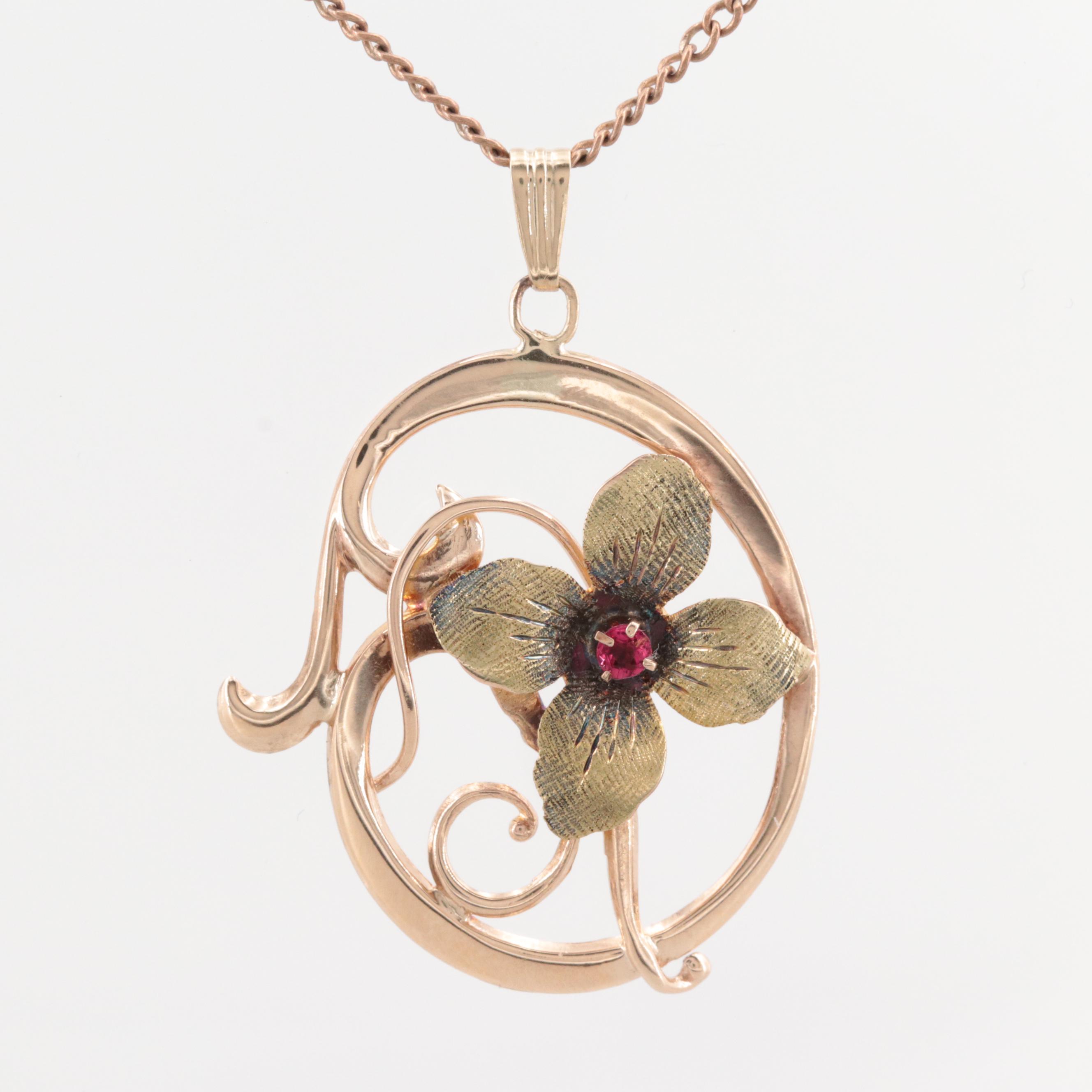 Vintage 10K Rose Gold Flower Pendant Necklace with Glass Accent