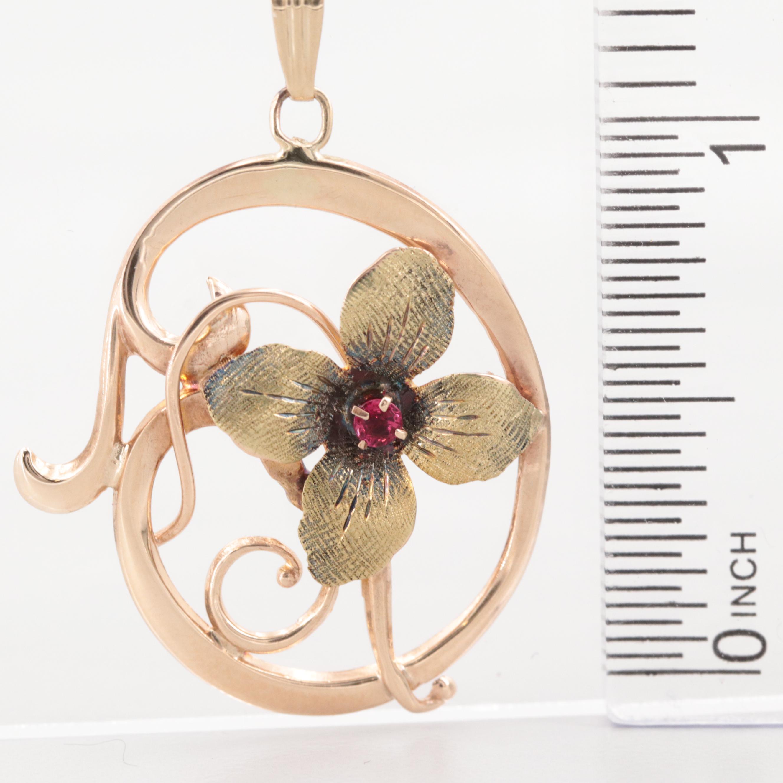 Vintage 10K Rose Gold Flower Pendant Necklace with Glass Accent
